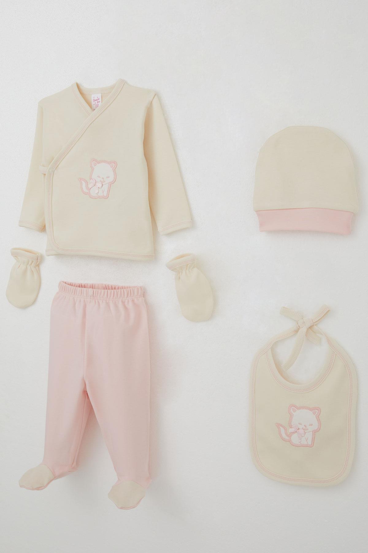 Breeze Kız Bebek Hastane Çıkışı 5 li Sevimli Kedi Nakışlı Fiyonklu Krem (0-3 Ay)