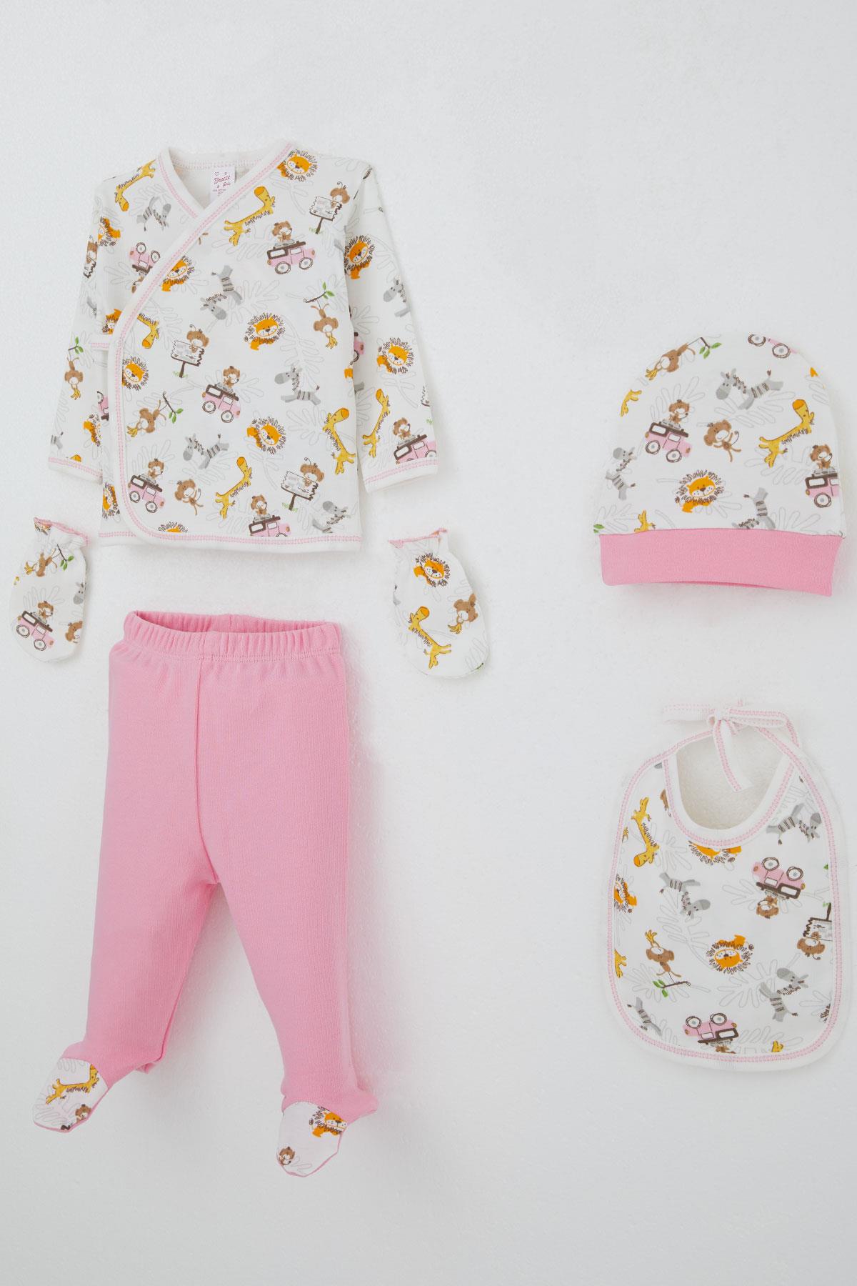 Breeze Kız Bebek Hastane Çıkışı 5 li Safari Macerası Sevimli Hayvancıklar Desenli Beyaz (0-3 Ay)