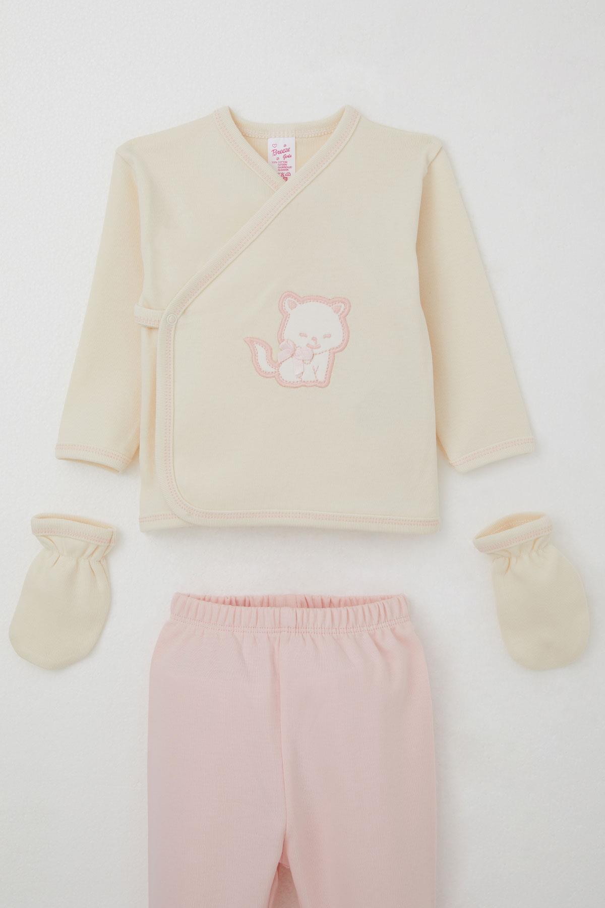 Breeze Kız Bebek Hastane Çıkışı 5 li Sevimli Kedi Nakışlı Fiyonklu Krem (0-3 Ay)