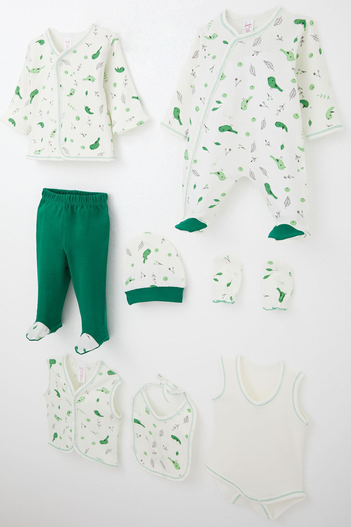 Breeze Kız Bebek Hastane Çıkışı 8 li Bahar Temalı Sevimli Minik Serçe Desenli Ekru (0-3 Ay)