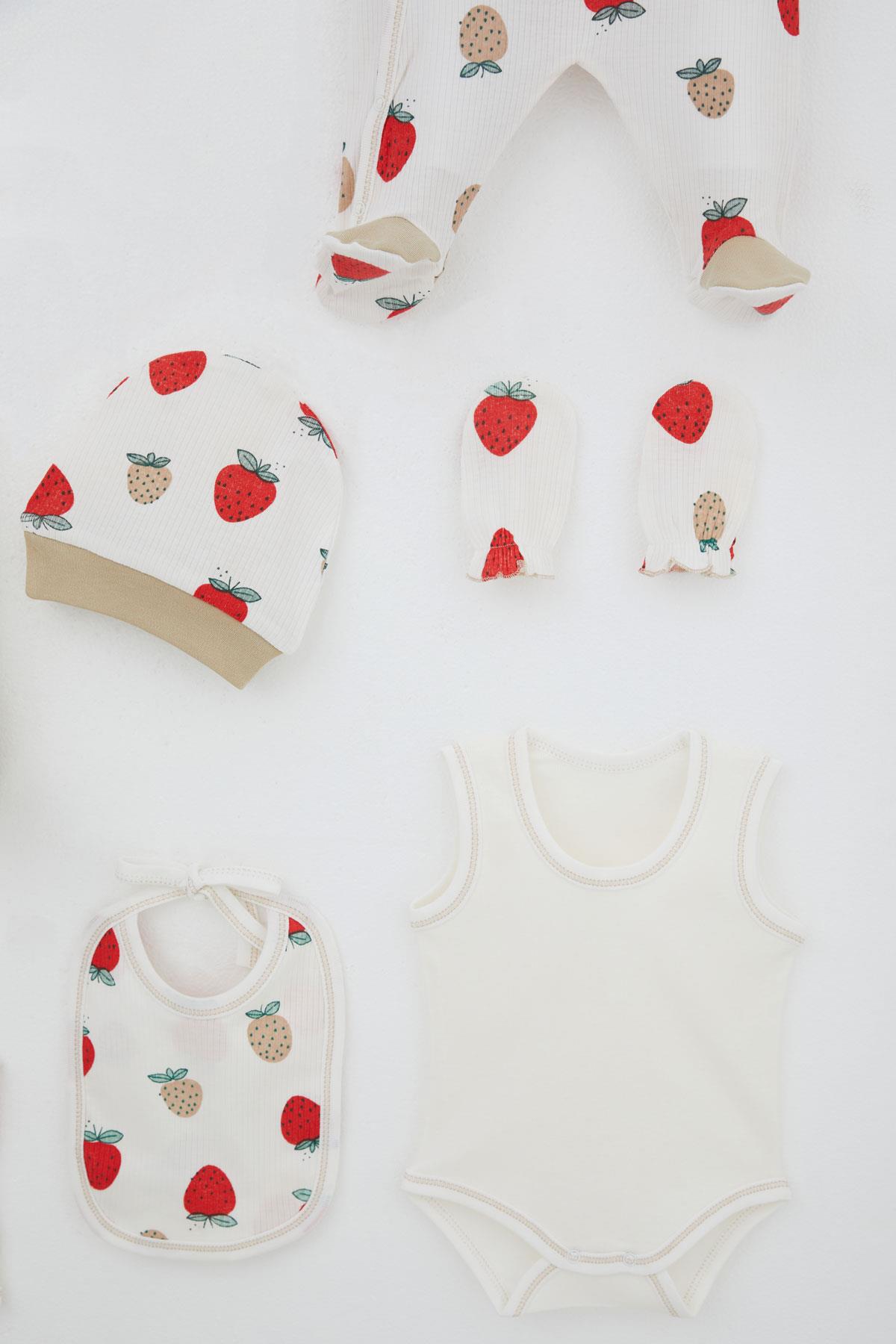 Breeze Kız Bebek Hastane Çıkışı 8 li Çilek Bahçesi Desenli Ekru (0-3 Ay)