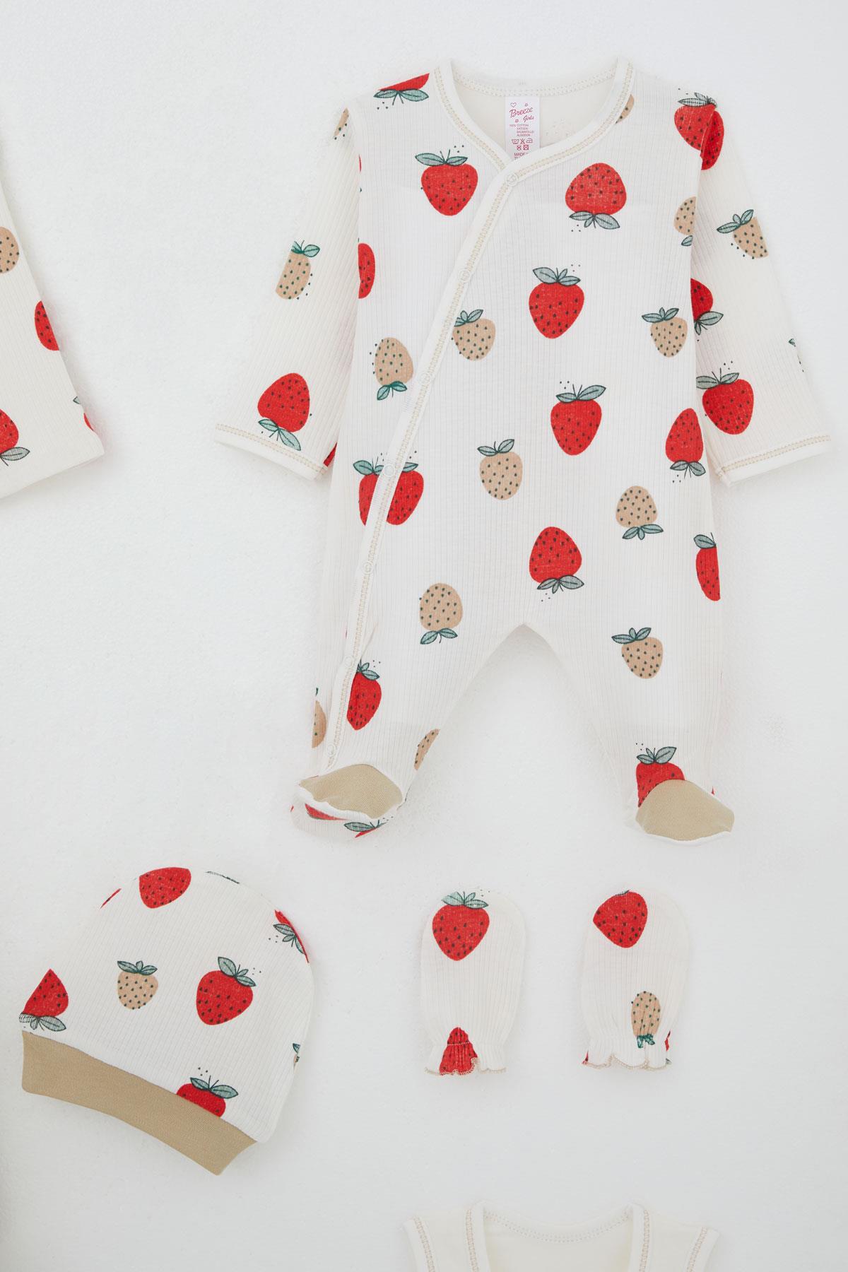 Breeze Kız Bebek Hastane Çıkışı 8 li Çilek Bahçesi Desenli Ekru (0-3 Ay)