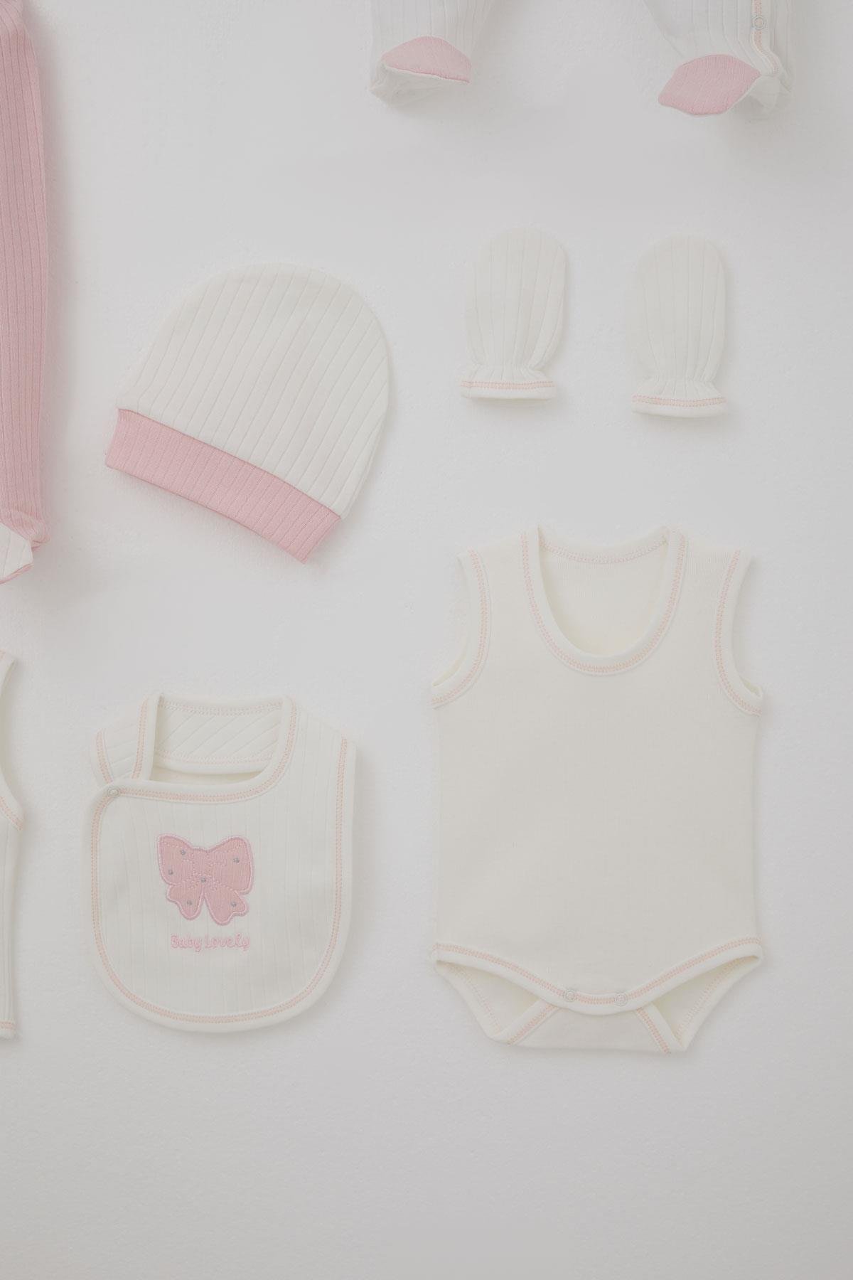 Breeze Kız Bebek Hastane Çıkışı 8 li Fiyonk & Kelebek Nakışlı Ekru (0-3 Ay)