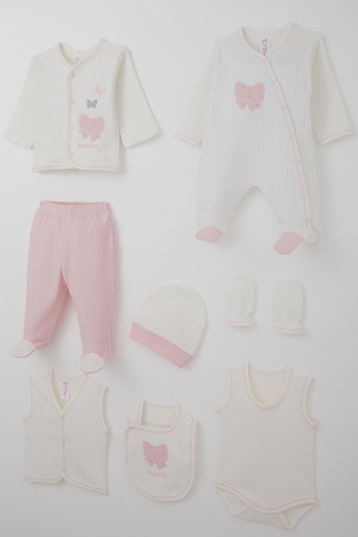 Breeze Kız Bebek Hastane Çıkışı 8 li Fiyonk & Kelebek Nakışlı Ekru (0-3 Ay)