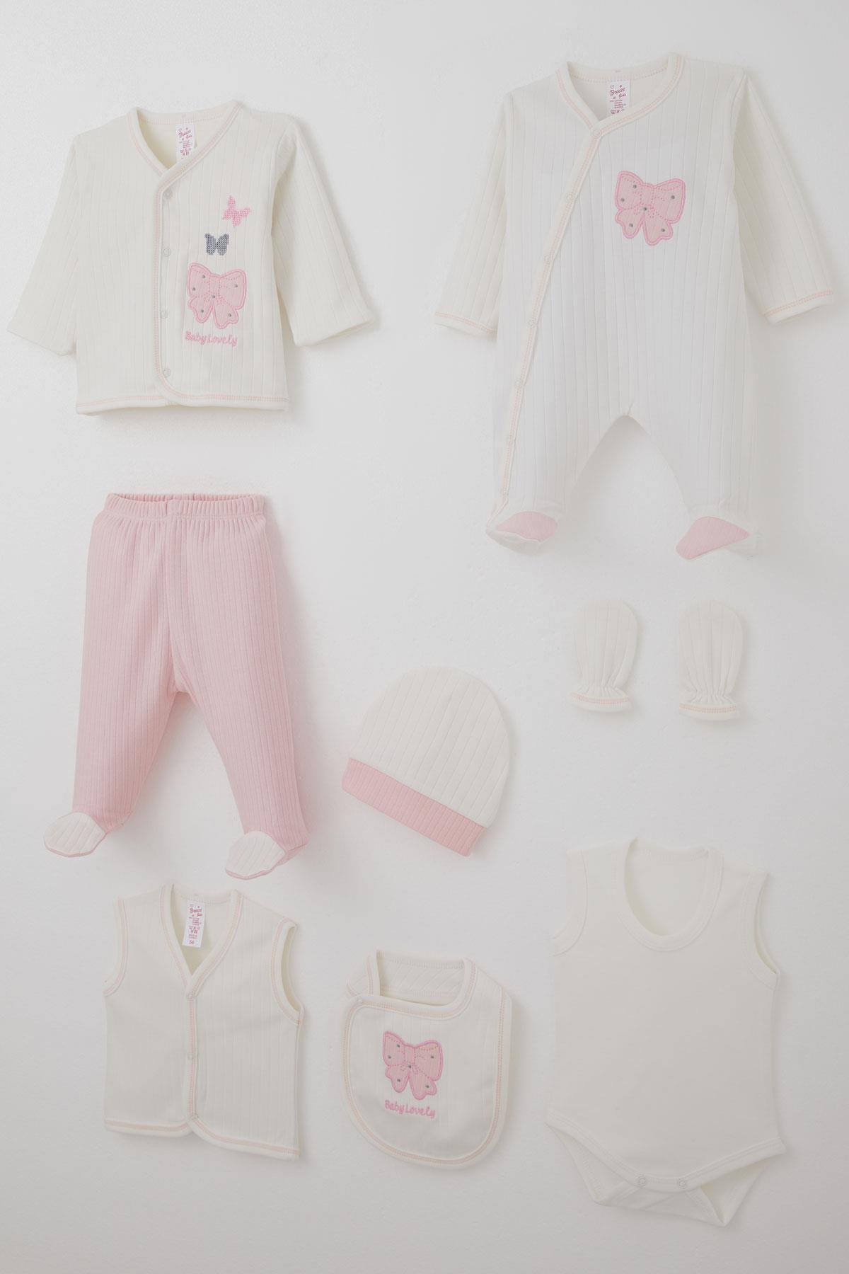 Breeze Kız Bebek Hastane Çıkışı 8 li Fiyonk & Kelebek Nakışlı Ekru (0-3 Ay)