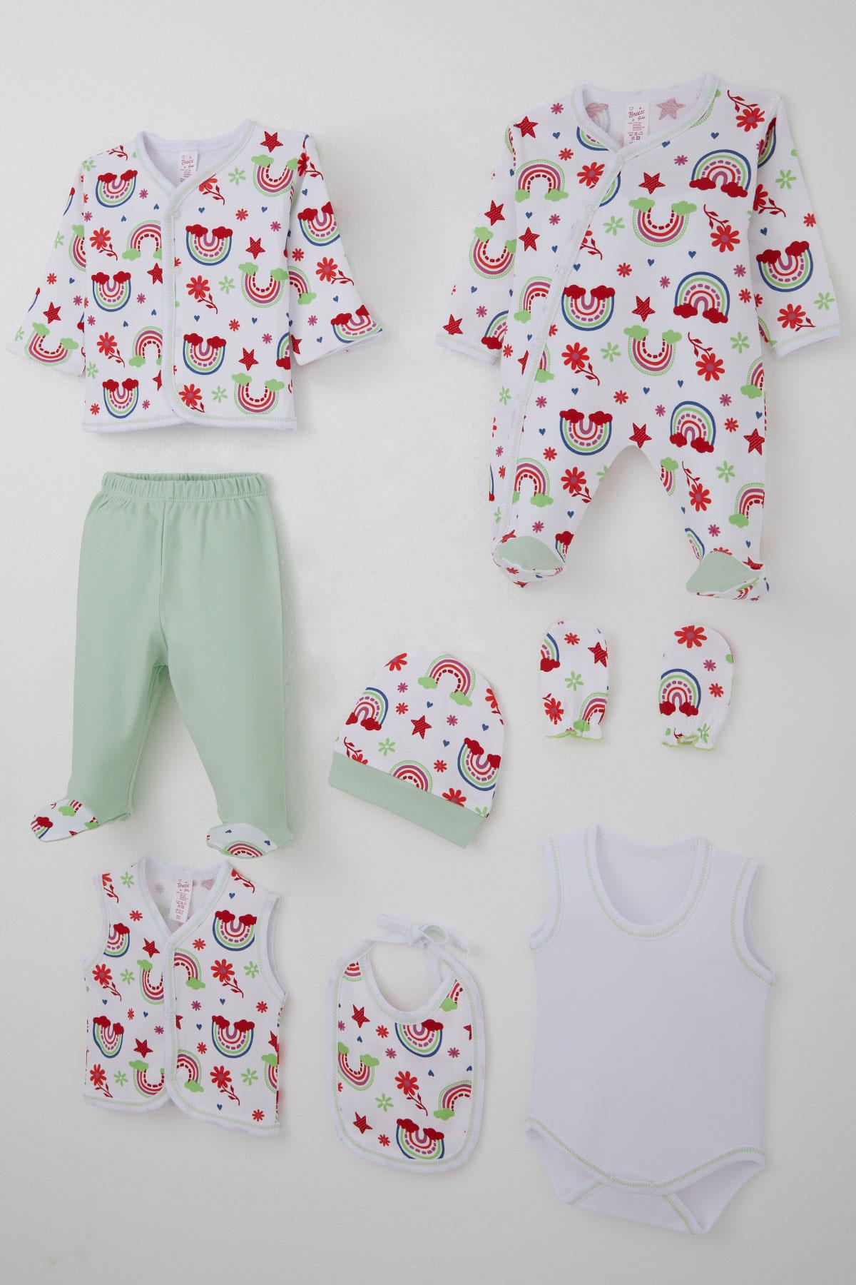 Breeze Kız Bebek Hastane Çıkışı 8 li Gökkuşağı Masalı Çiçek Desenli Beyaz (0-3 Ay)