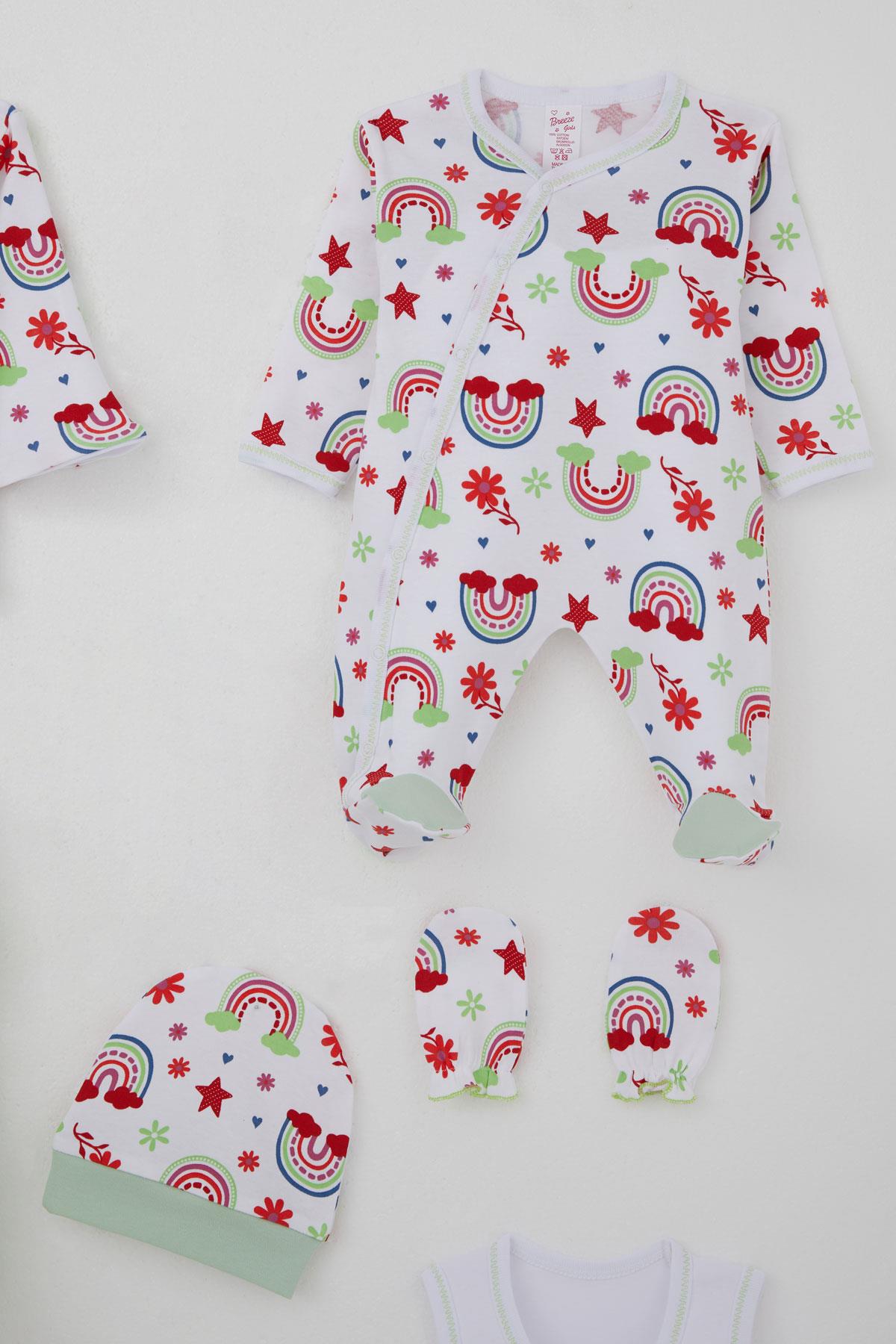 Breeze Kız Bebek Hastane Çıkışı 8 li Gökkuşağı Masalı Çiçek Desenli Beyaz (0-3 Ay)