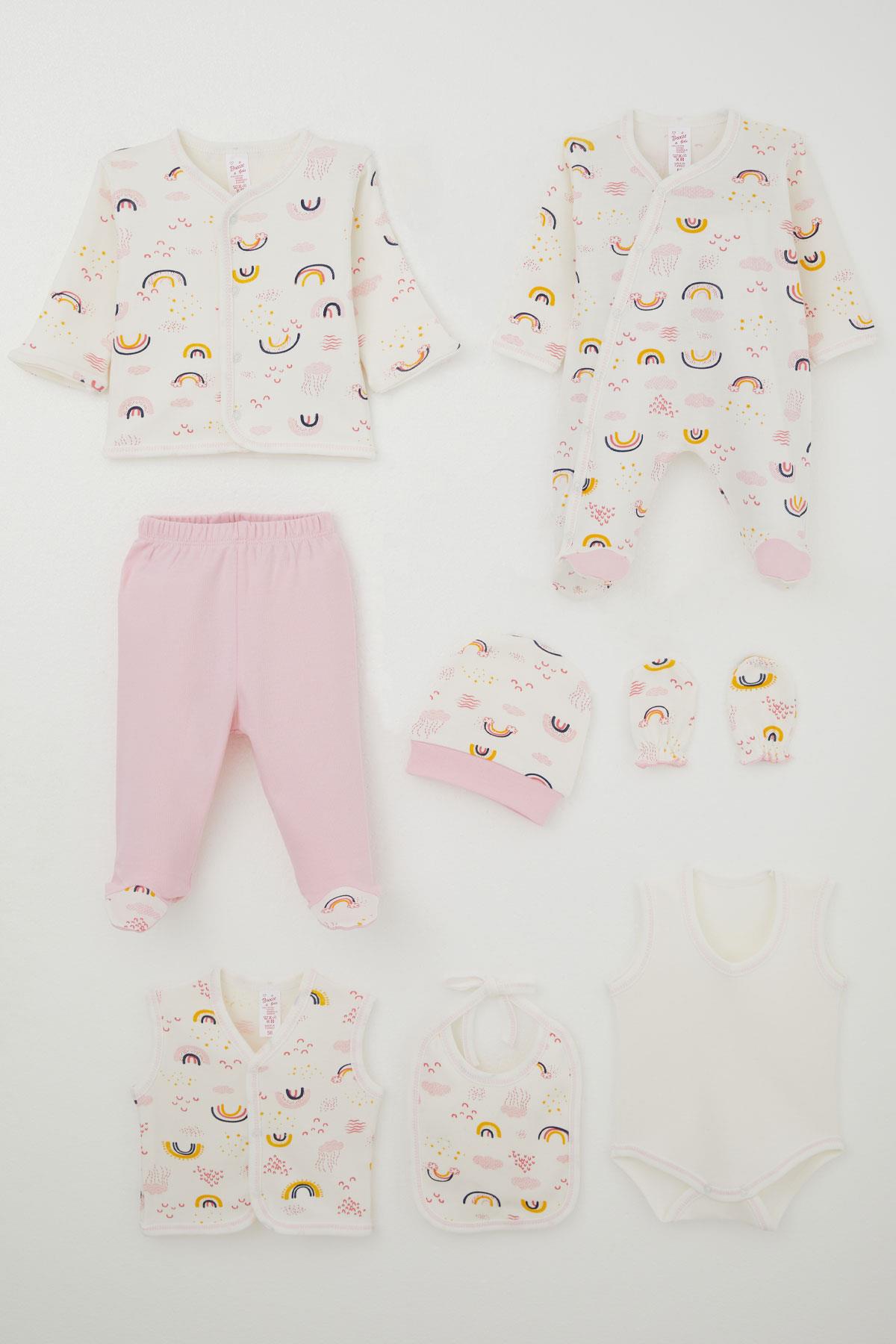 Breeze Kız Bebek Hastane Çıkışı 8 li Gökyüzü Temalı Bulut Desenli Ekru (0-3 Ay)