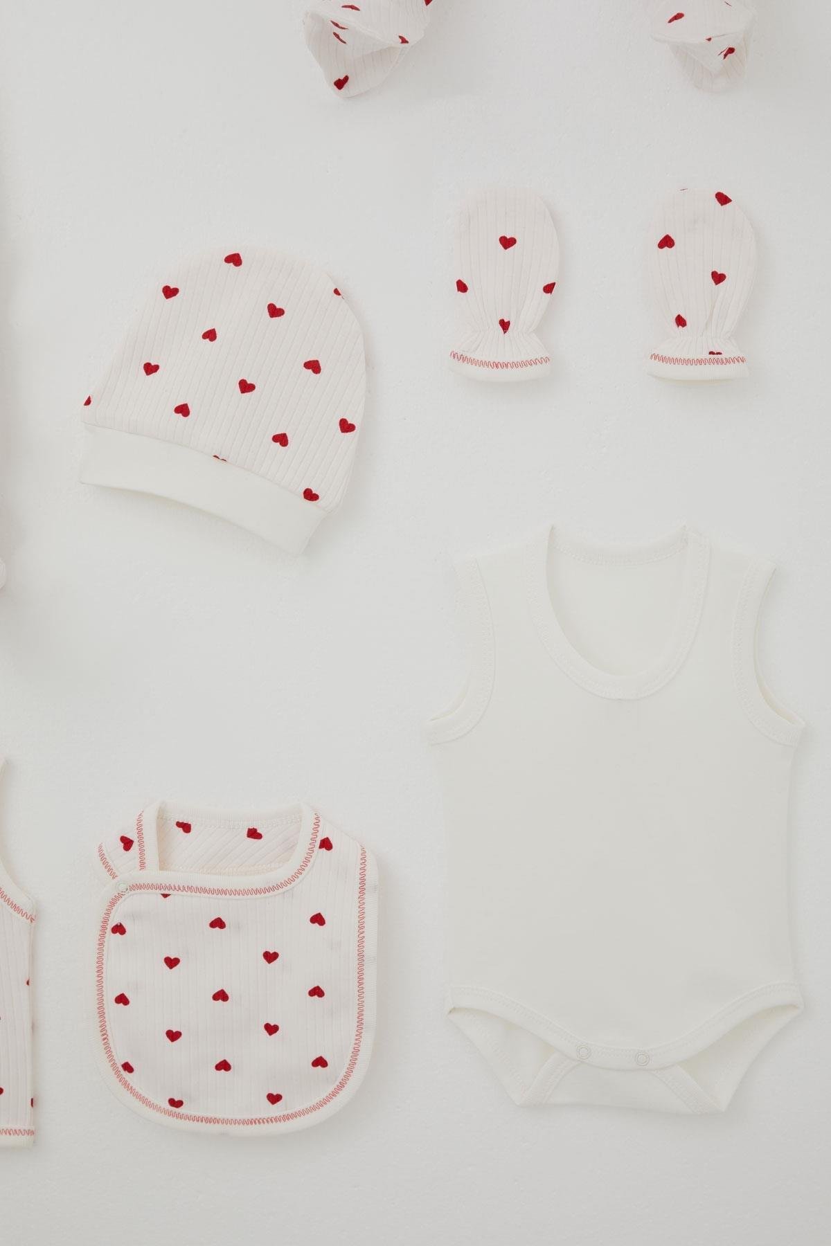 Breeze Kız Bebek Hastane Çıkışı 8 li Kalp Desenli Ekru (0-3 Ay)