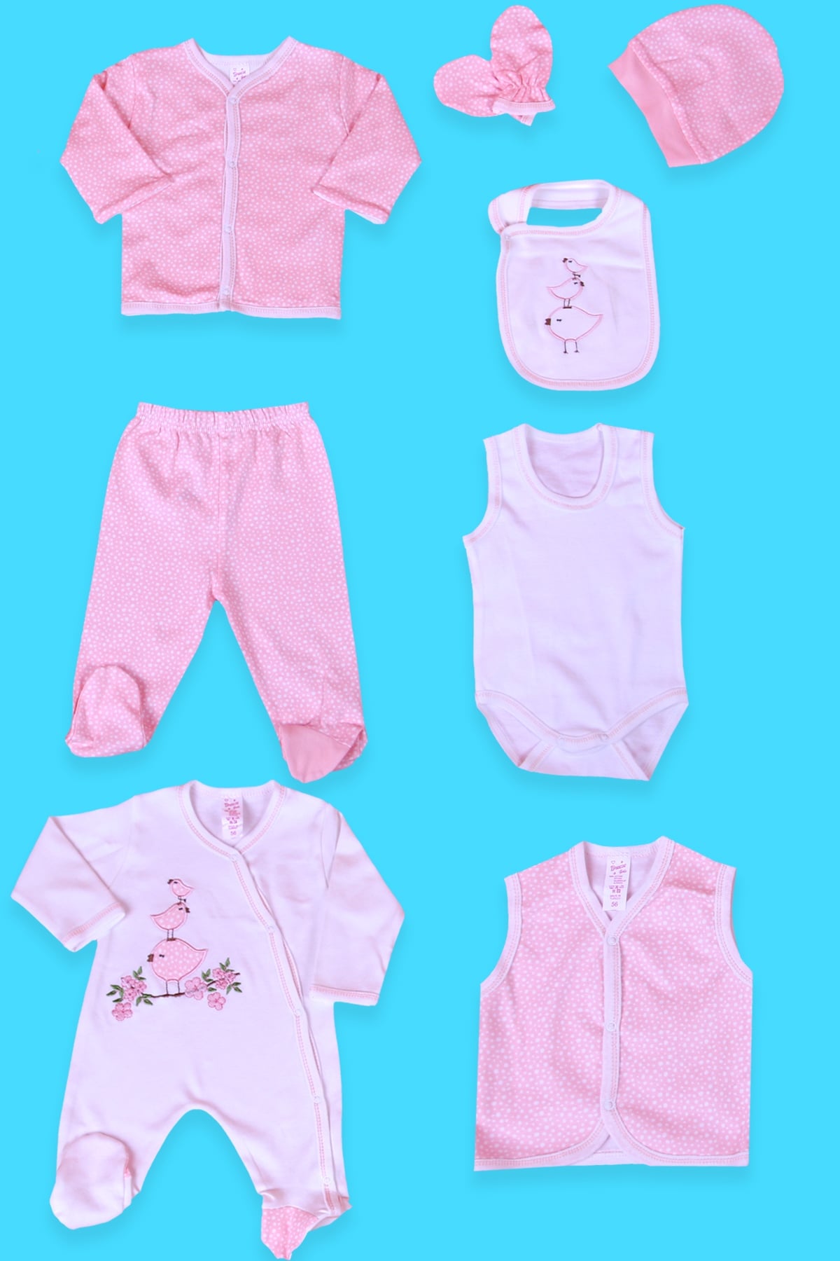 Breeze Kız Bebek Hastane Çıkışı 8 li Kuş Nakışlı Pudra (0-3 Ay-)