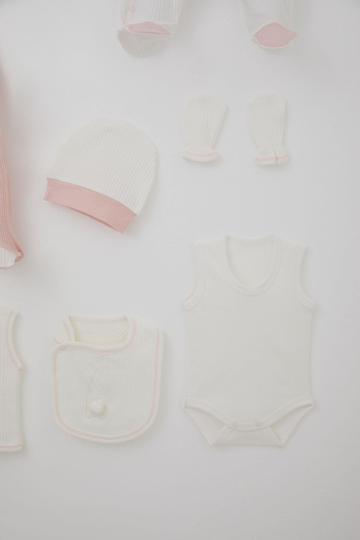 Breeze Kız Bebek Hastane Çıkışı 8 li Ponponlu Tavşancık Nakışlı Ekru (0-3 Ay)