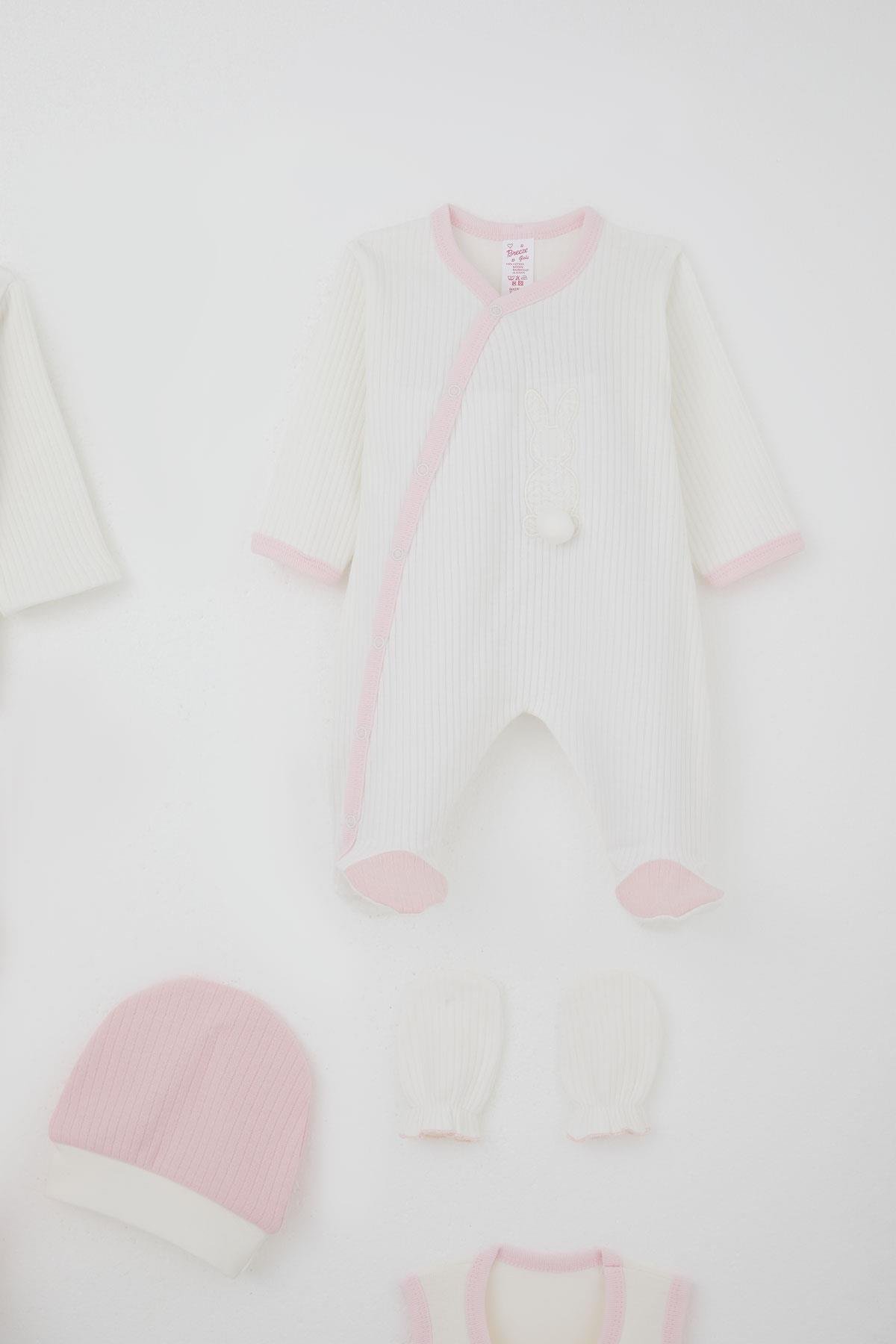 Breeze Kız Bebek Hastane Çıkışı 8 li Ponponlu Tavşancık Nakışlı Beyaz (0-3 Ay)