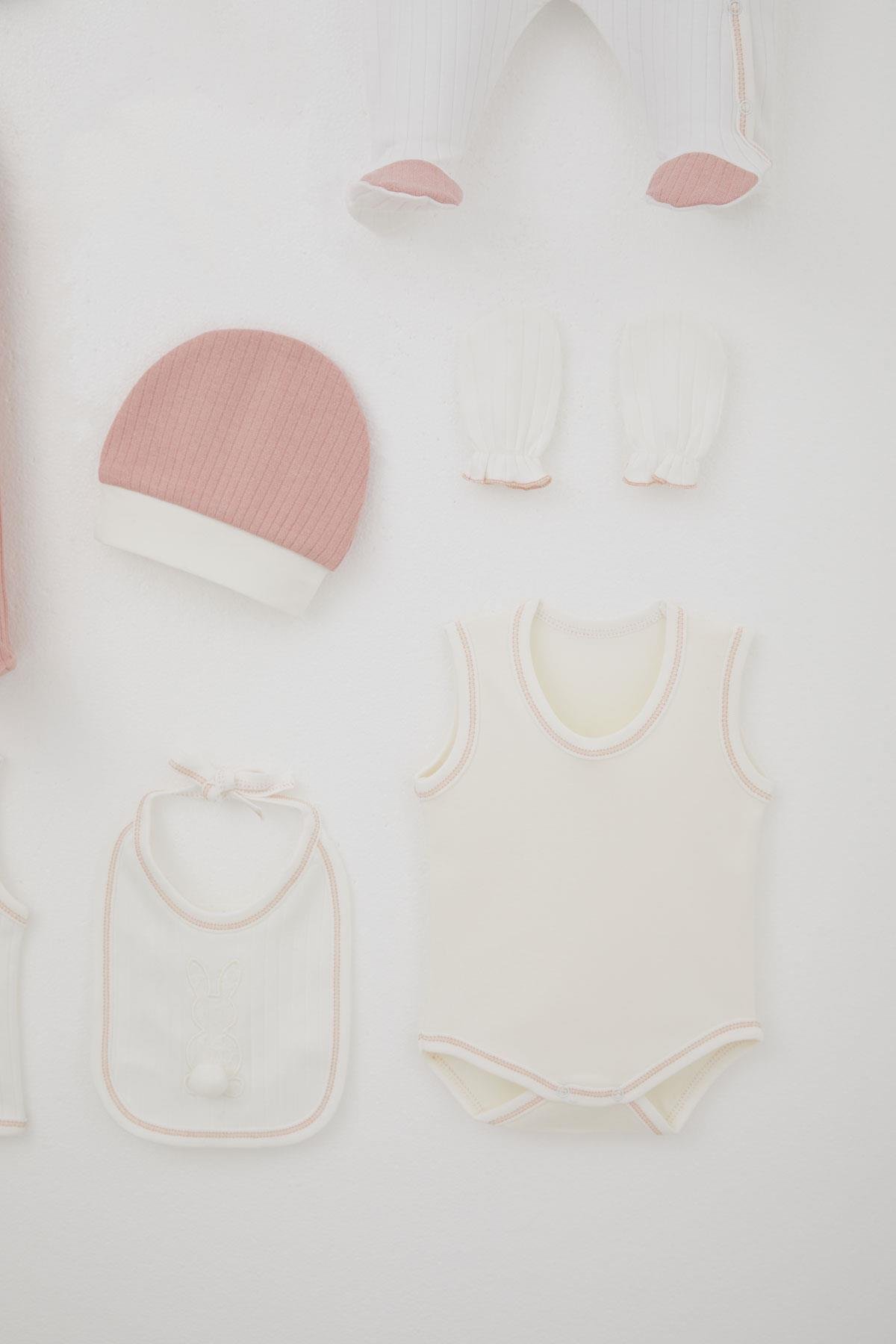 Breeze Kız Bebek Hastane Çıkışı 8 li Ponponlu Tavşancık Nakışlı Ekru (0-3 Ay)