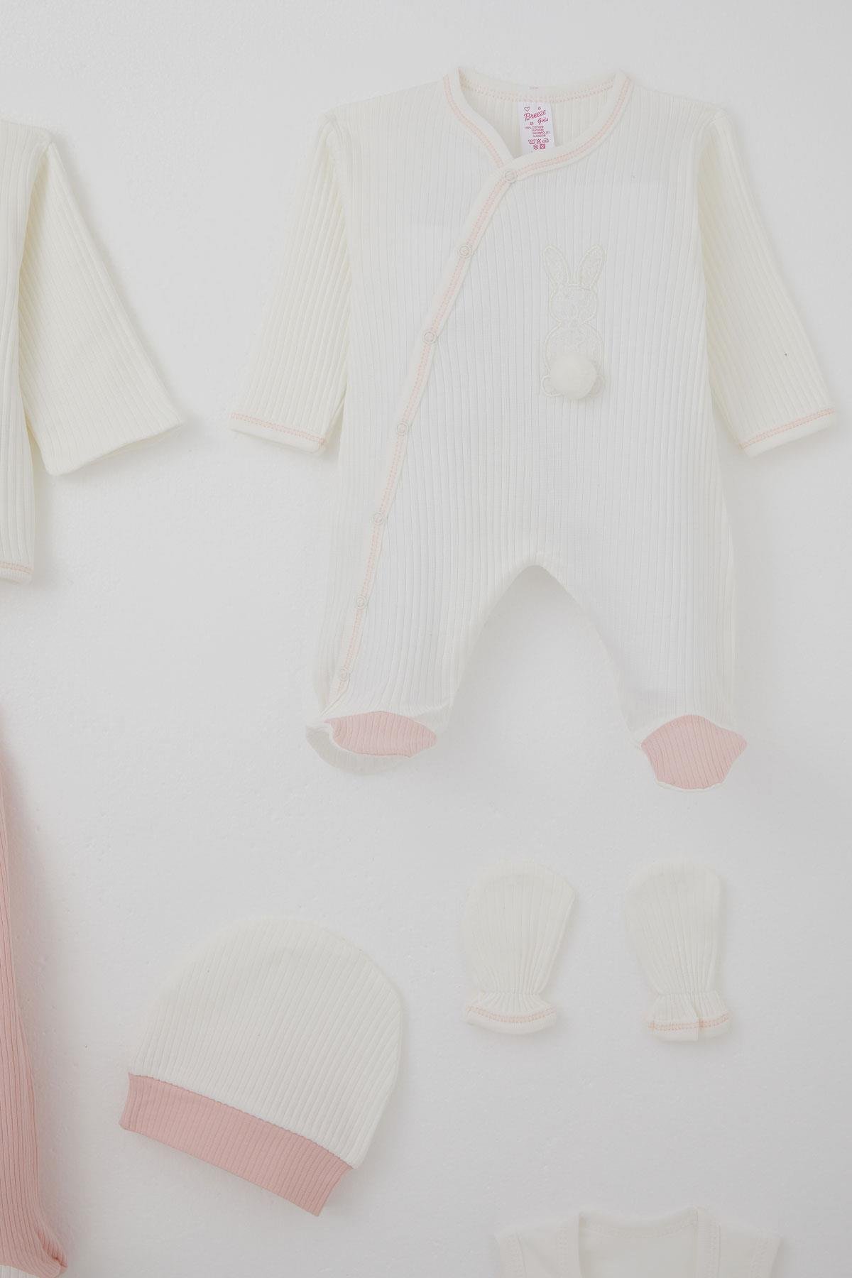 Breeze Kız Bebek Hastane Çıkışı 8 li Ponponlu Tavşancık Nakışlı Ekru (0-3 Ay)