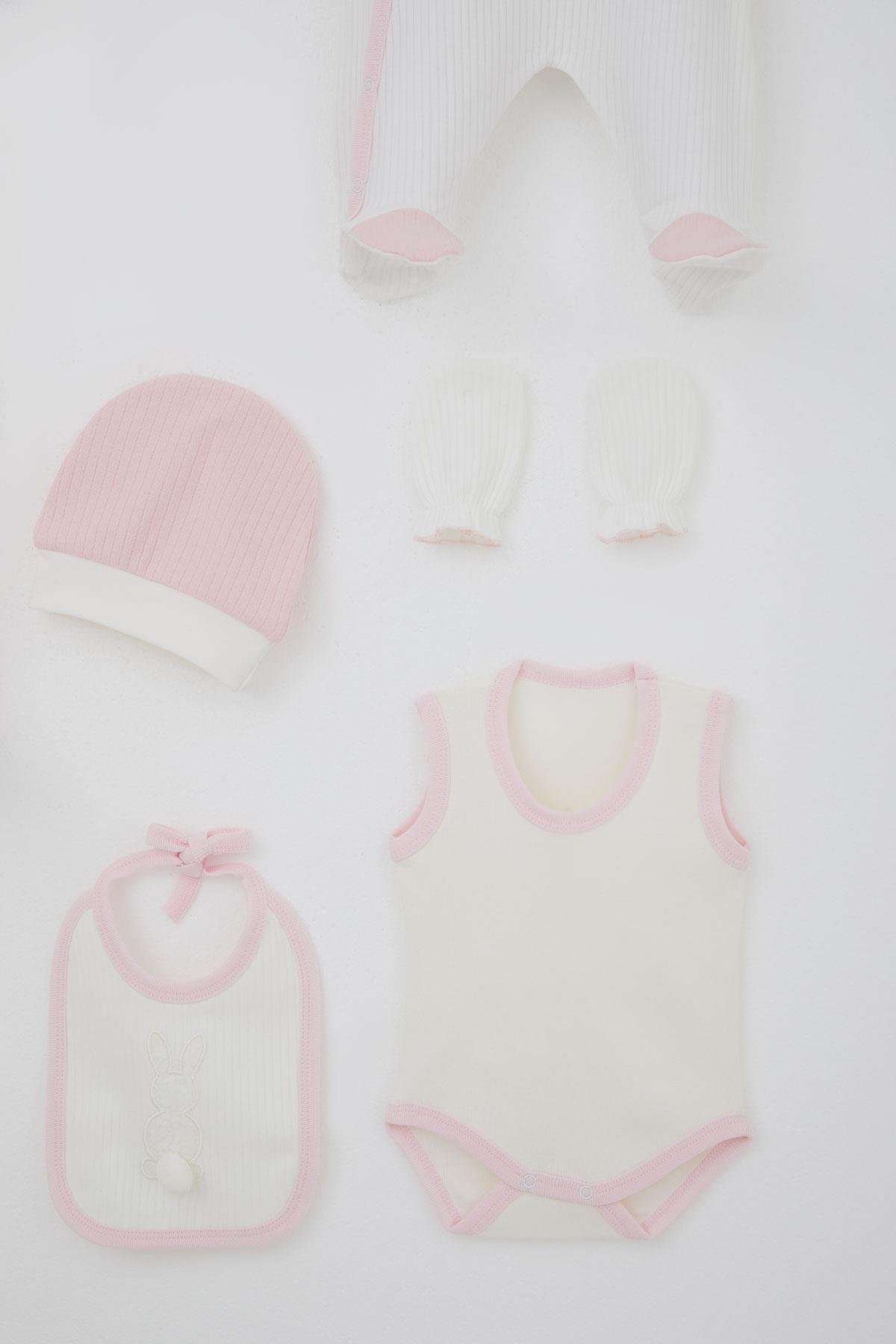 Breeze Kız Bebek Hastane Çıkışı 8 li Ponponlu Tavşancık Nakışlı Beyaz (0-3 Ay)