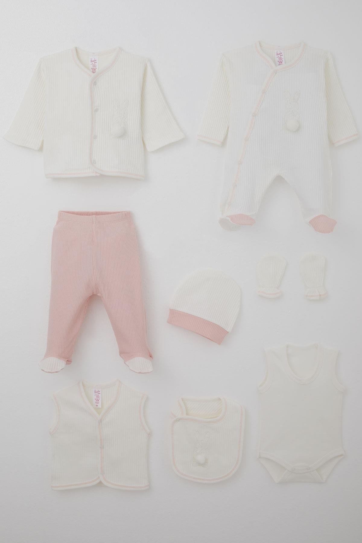 Breeze Kız Bebek Hastane Çıkışı 8 li Ponponlu Tavşancık Nakışlı Ekru (0-3 Ay)