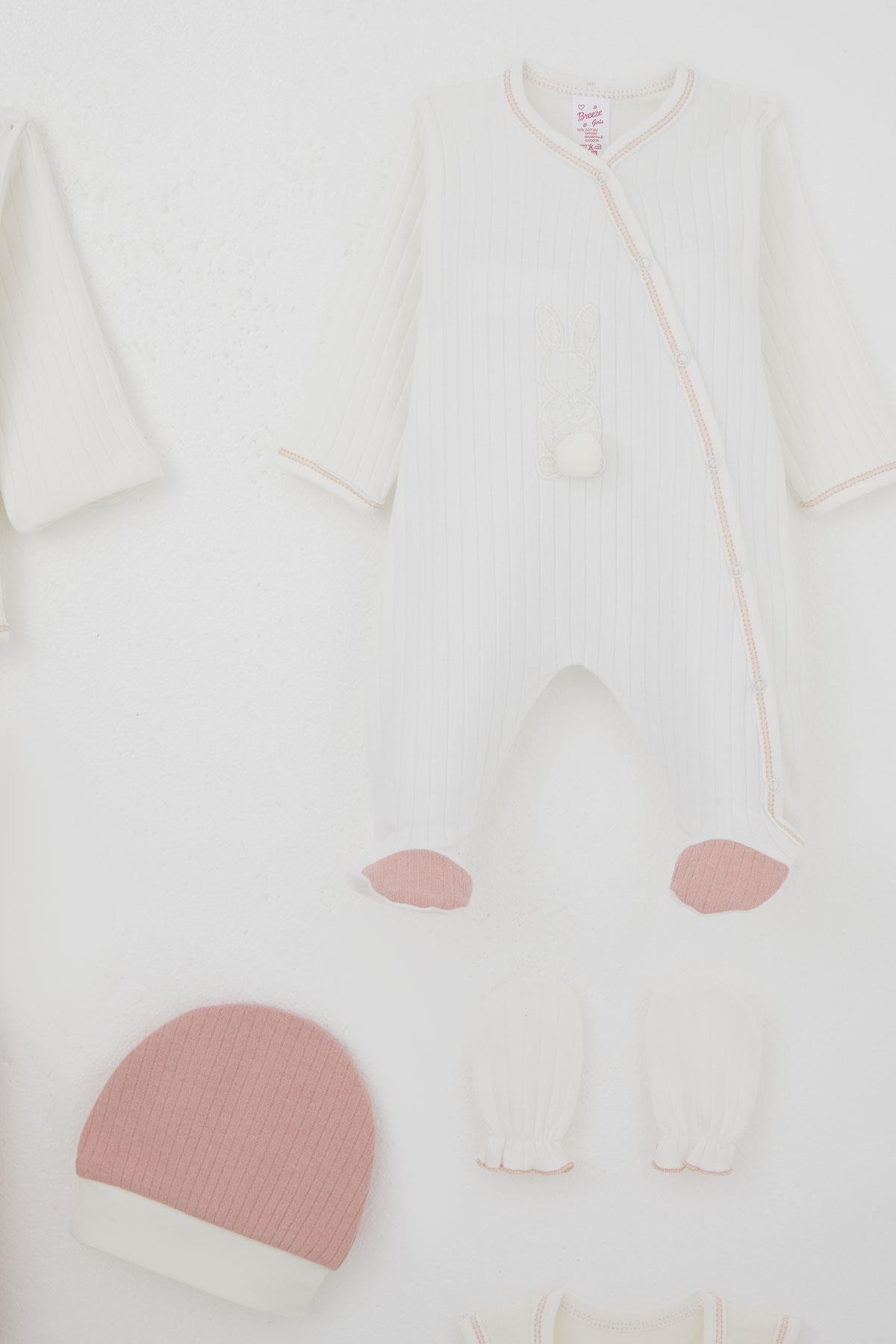 Breeze Kız Bebek Hastane Çıkışı 8 li Ponponlu Tavşancık Nakışlı Ekru (0-3 Ay)