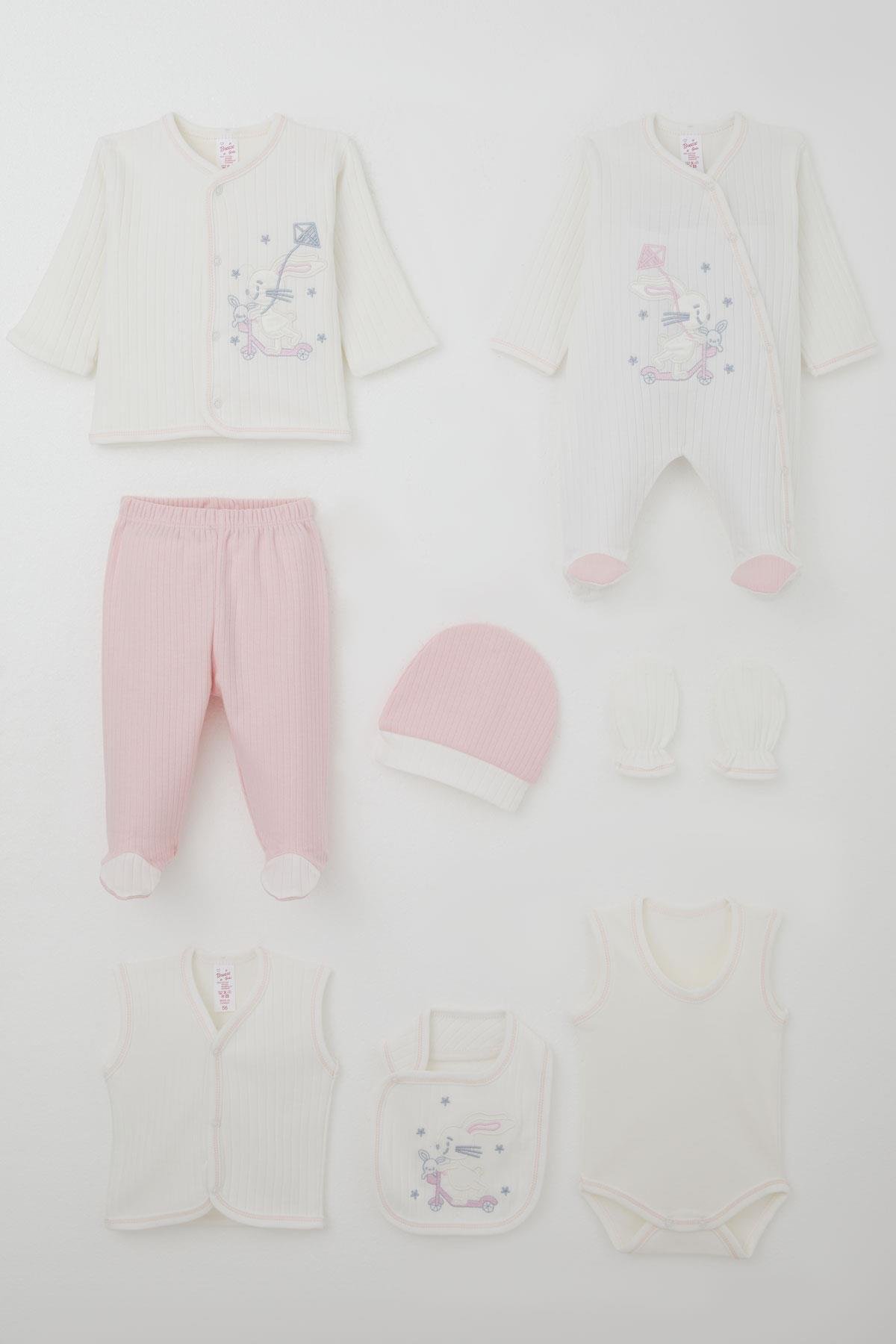 Breeze Kız Bebek Hastane Çıkışı 8 li Scooter Perisi Uçurtma Uçuran Tavşancık Nakışlı Beyaz (0-3 Ay)