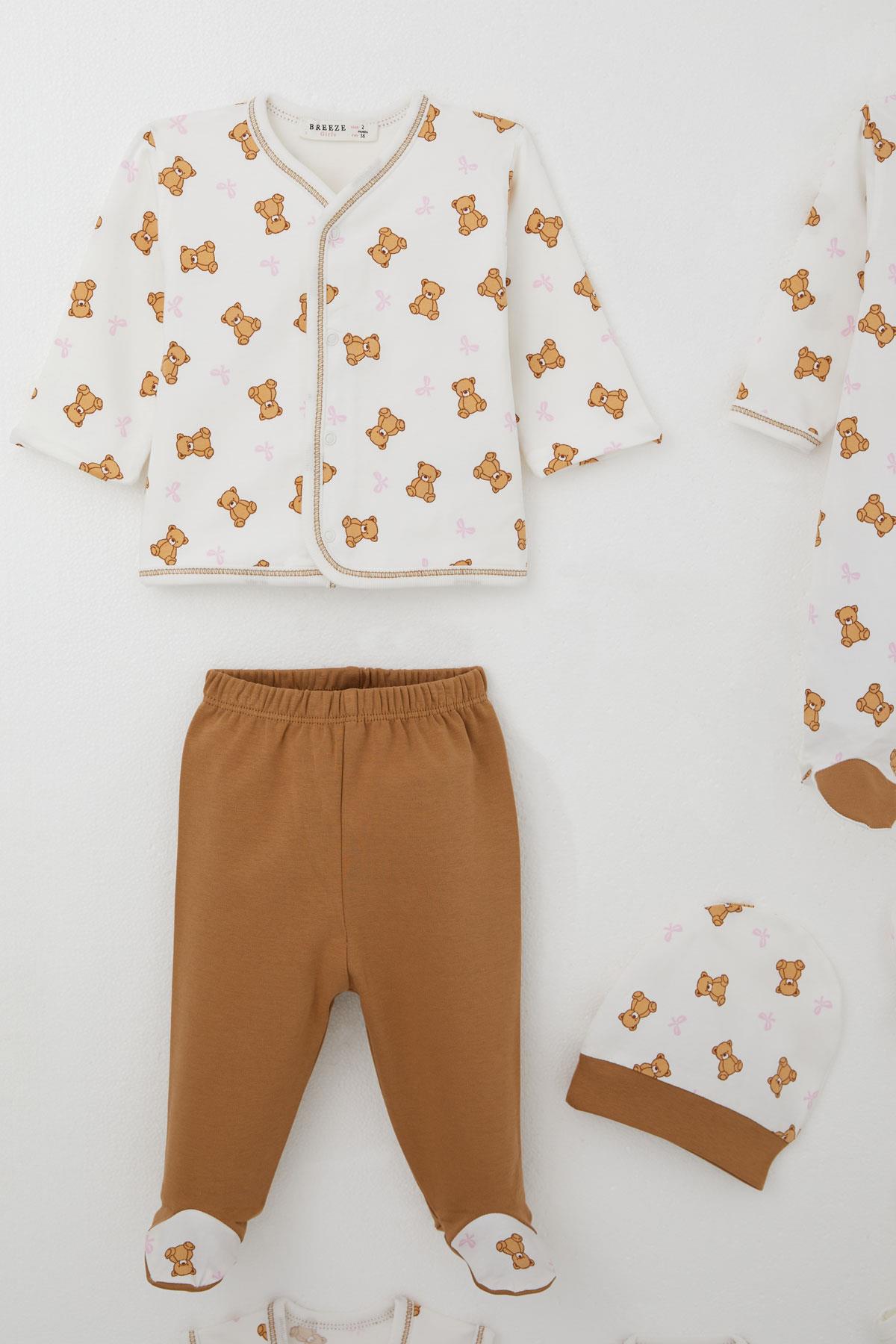 Breeze Kız Bebek Hastane Çıkışı 8 li Sevimli Bebek Ayıcık Desenli Fiyonklu Ekru (0-3 Ay)