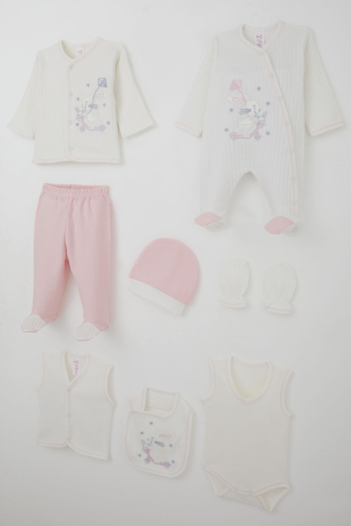 Breeze Kız Bebek Hastane Çıkışı 8 li Scooter Perisi Uçurtma Uçuran Tavşancık Nakışlı Beyaz (0-3 Ay)