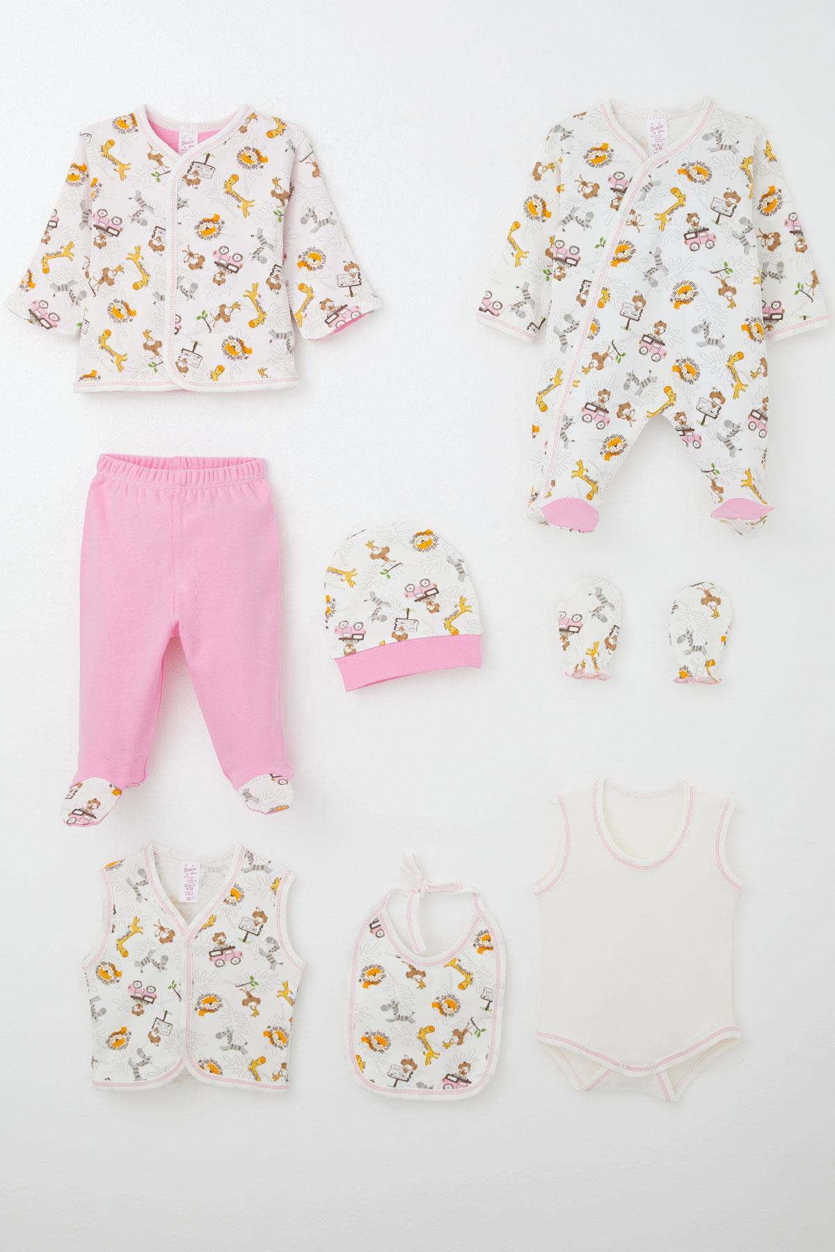 Breeze Kız Bebek Hastane Çıkışı 8 li Safari Macerası Sevimli Hayvancıklar Desenli Ekru (0-3 Ay)