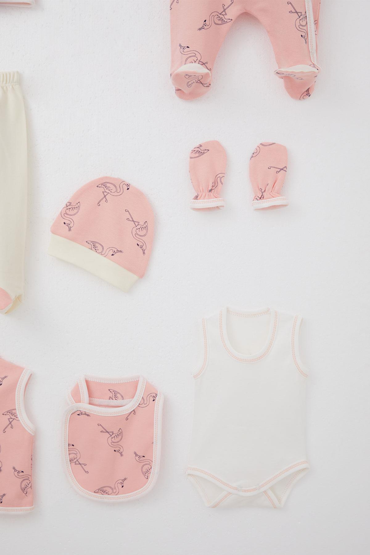 Breeze Kız Bebek Hastane Çıkışı 8 li Unıcorn Flamingo Desenli Somon (0-3 Ay)