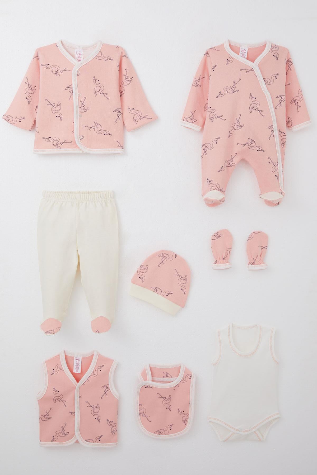 Breeze Kız Bebek Hastane Çıkışı 8 li Unıcorn Flamingo Desenli Somon (0-3 Ay)