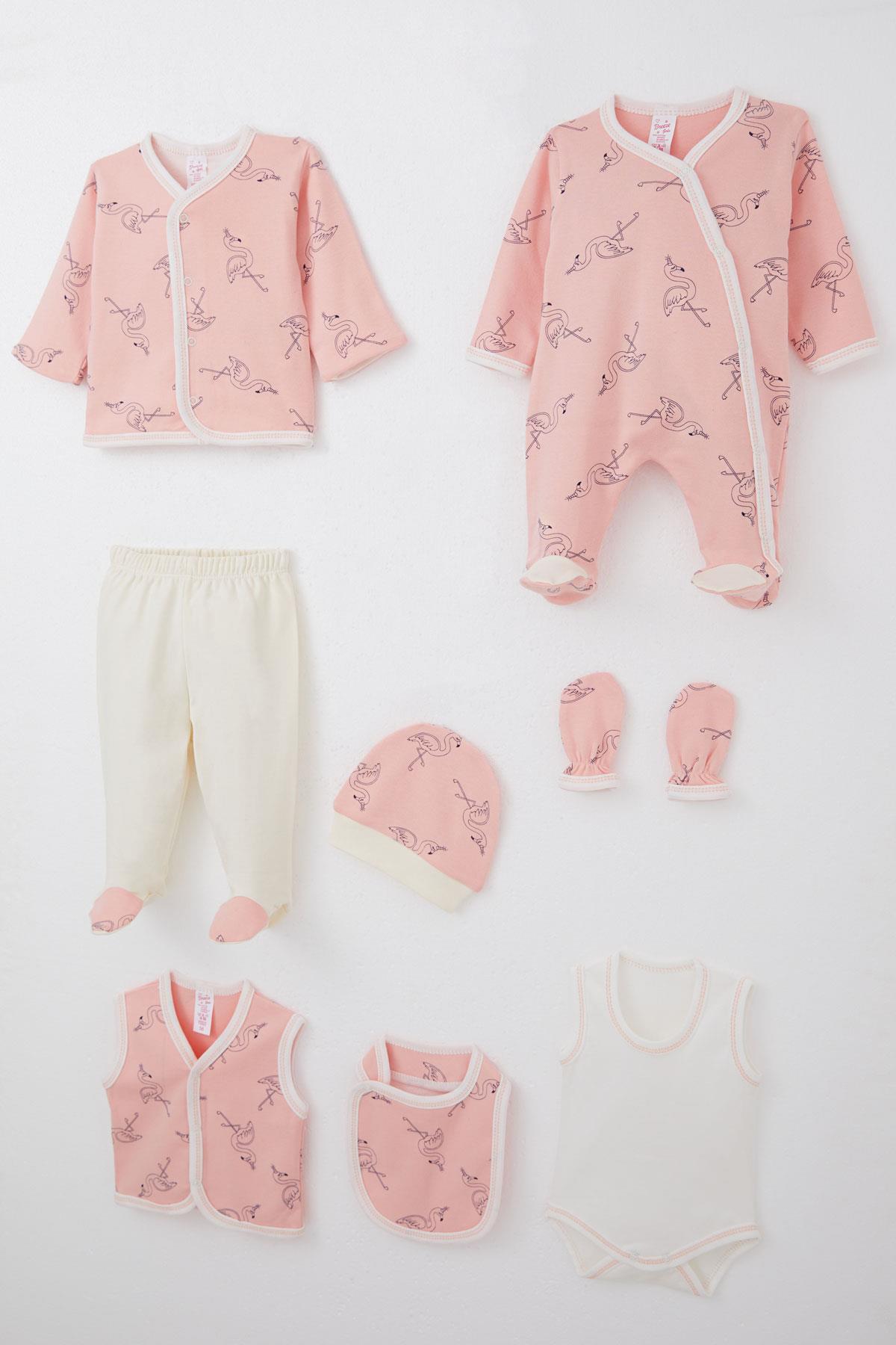 Breeze Kız Bebek Hastane Çıkışı 8 li Unıcorn Flamingo Desenli Somon (0-3 Ay)