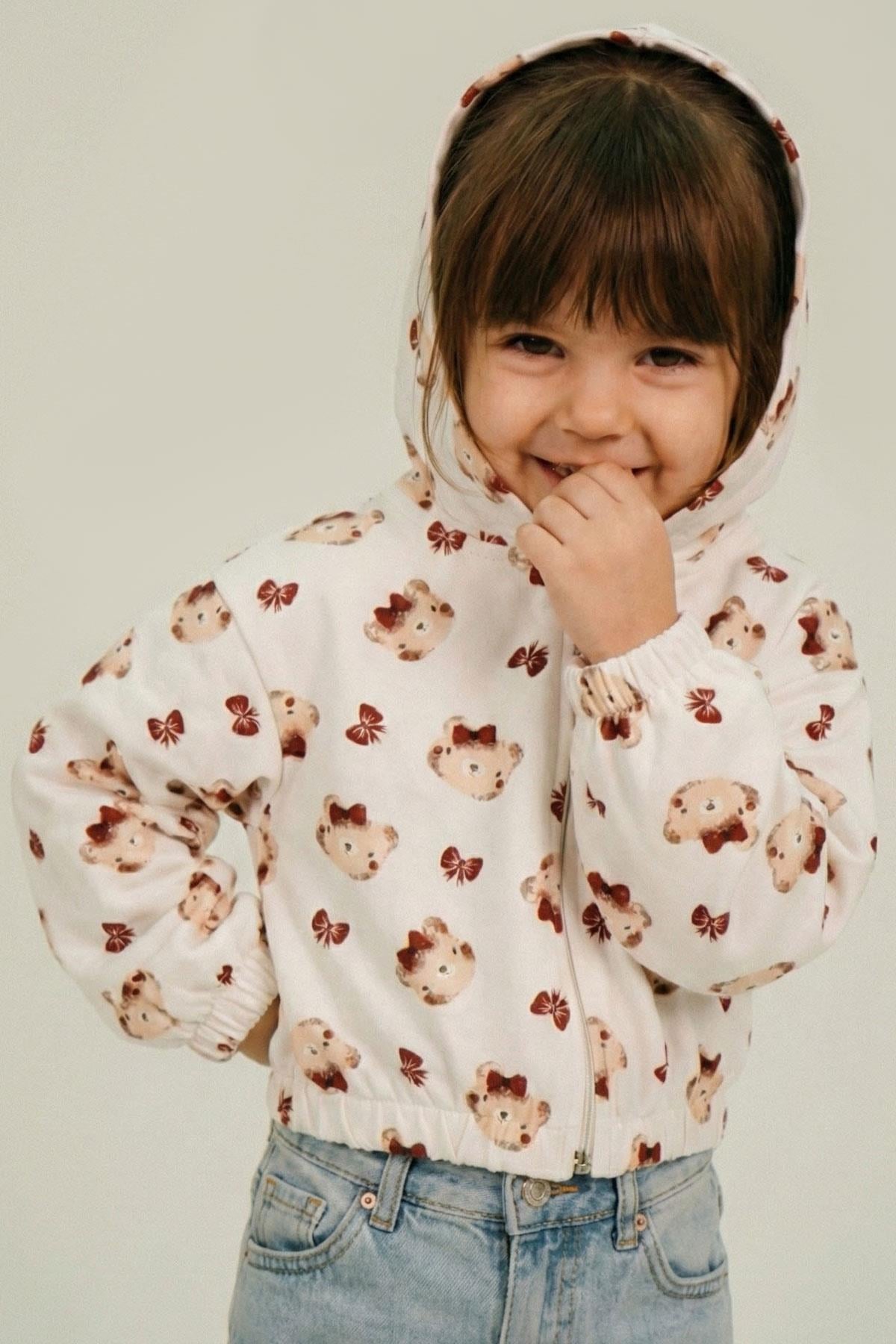 Breeze Kız Bebek Hırka Sevimli Fiyonklu Ayıcık Desenli Ekru (9 Ay-3 Yaş)