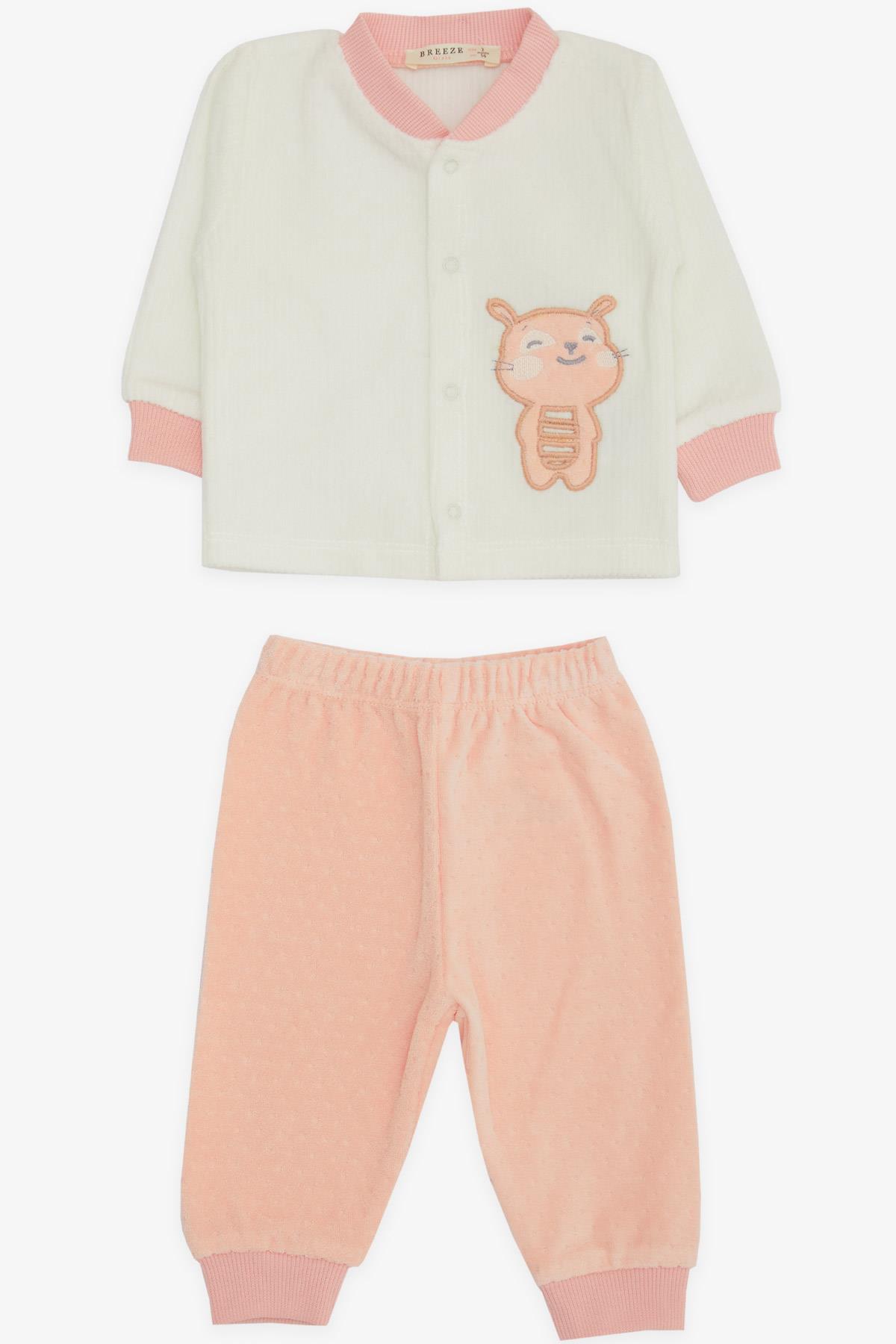 Breeze Kız Bebek Kadife Pijama Takımı Arıcık Nakışlı Ekru (0-3 Ay-9 Ay)