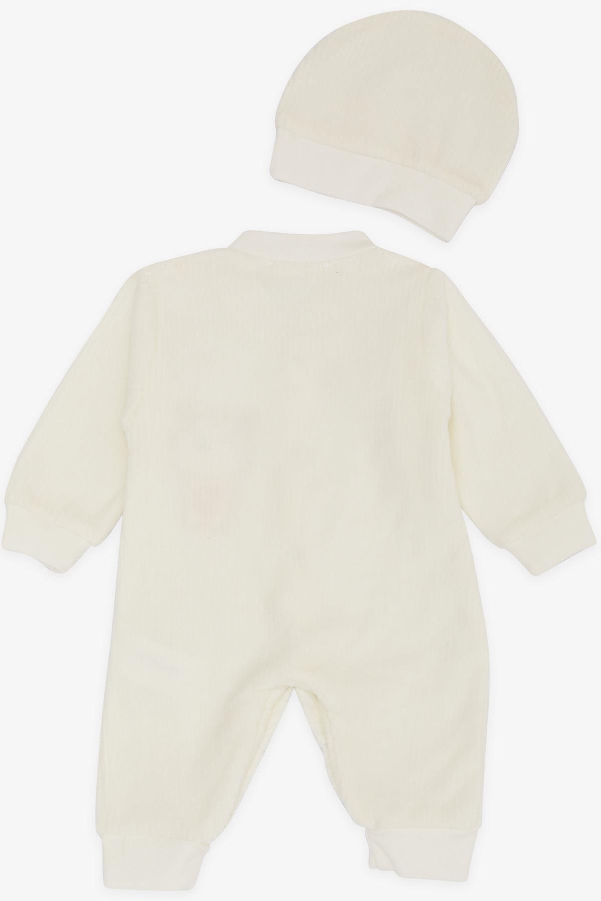 Breeze Kız Bebek Kadife Tulum Arıcık Nakışlı Ekru (0-3 Ay-6 Ay)