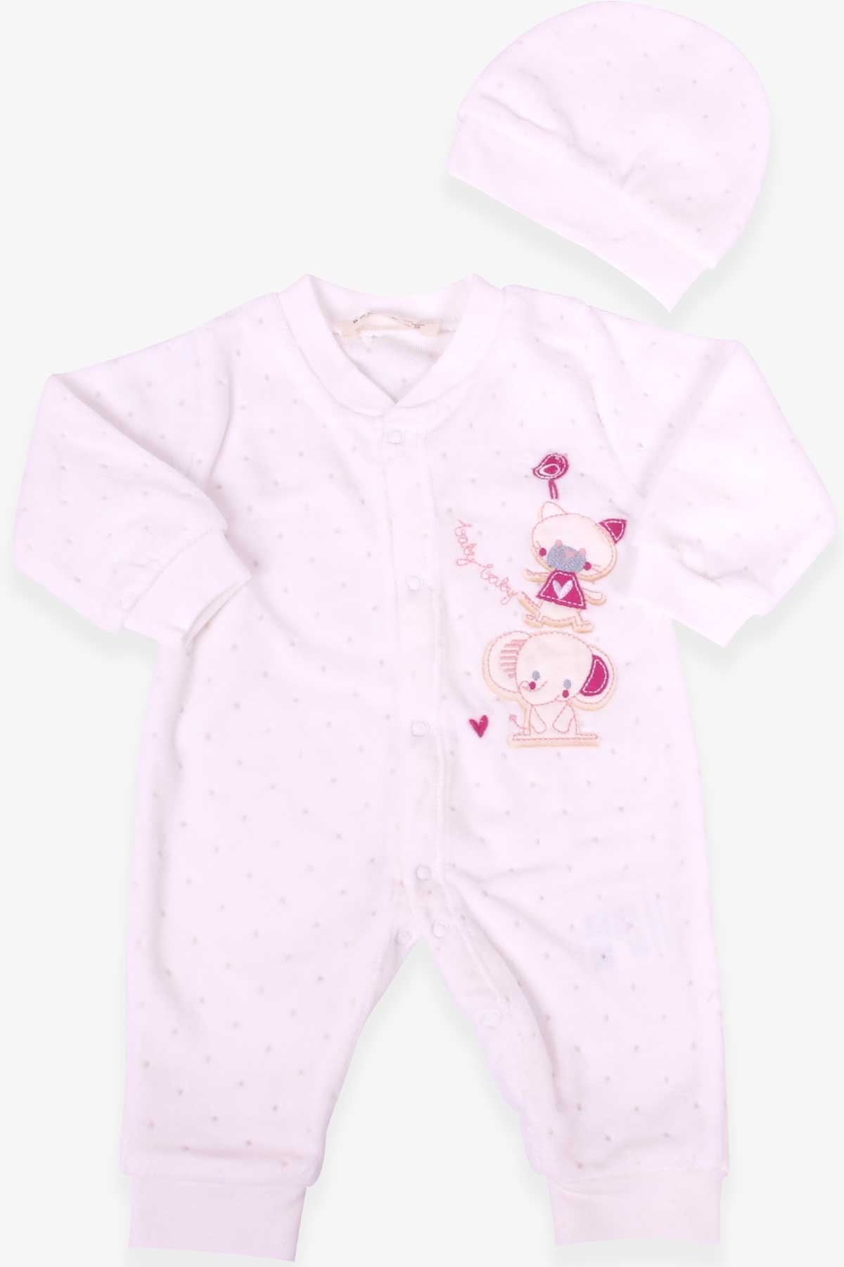 Breeze Kız Bebek Kadife Tulum Fil Nakışlı Ekru (0-3 Ay-6 Ay)