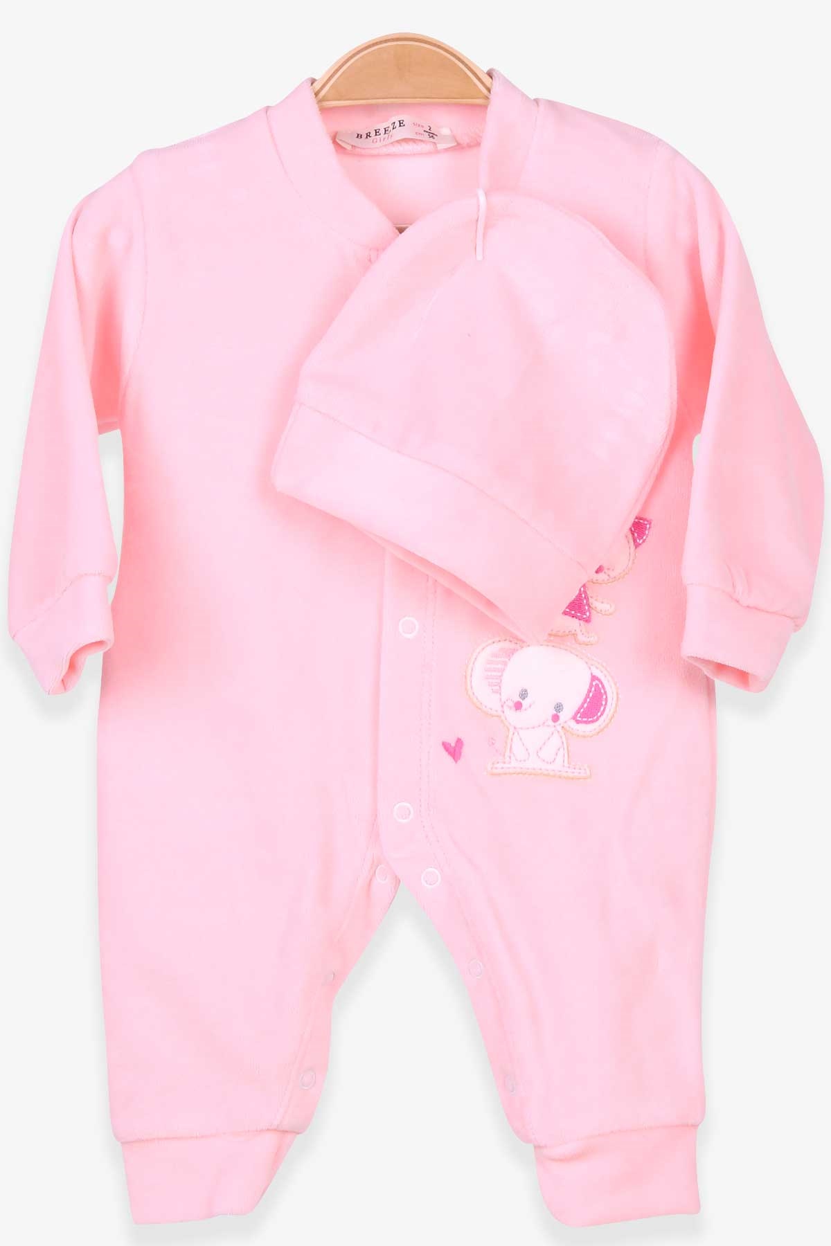 Breeze Kız Bebek Kadife Tulum Fil Nakışlı Somon (0-3 Ay-6 Ay)