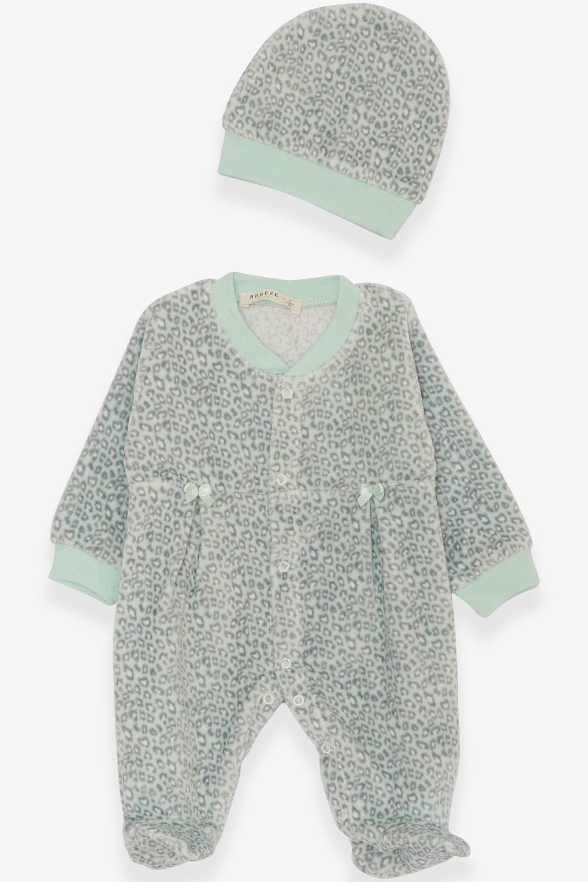 Breeze Kız Bebek Kadife Tulum Leopar Desenli Şapkalı Set Su Yeşili (0-3 Ay-6 Ay)