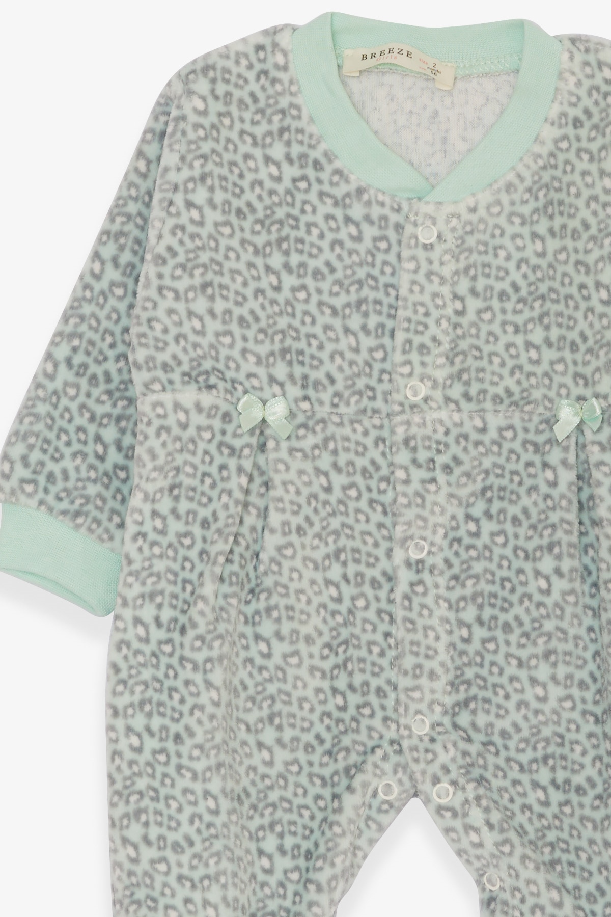 Breeze Kız Bebek Kadife Tulum Leopar Desenli Şapkalı Set Su Yeşili (0-3 Ay-6 Ay)