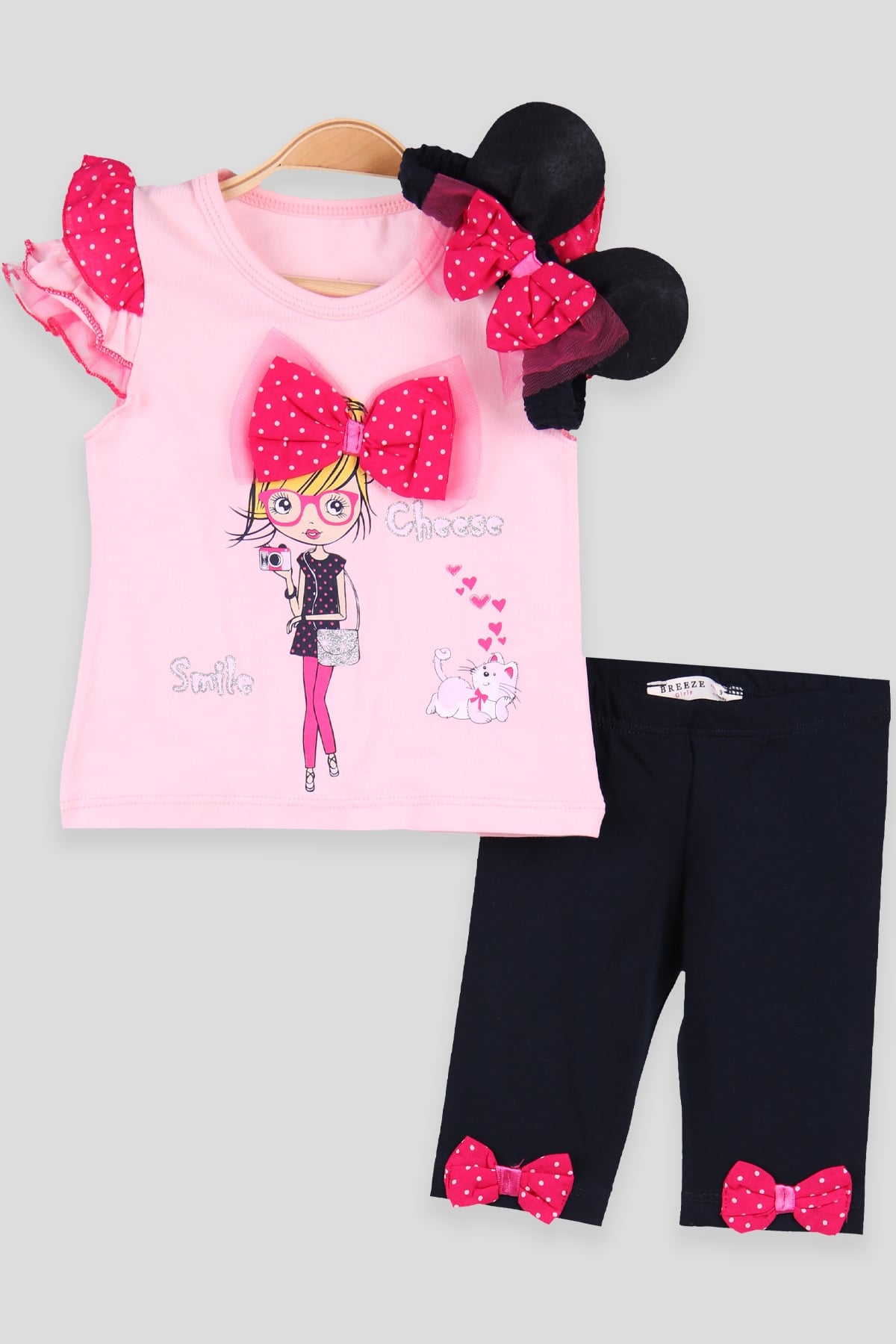 Breeze Kız Bebek Kapri Taytlı Takım 3 lü Fiyonklu Kız Baskılı  Pembe (6 Ay-2 Yaş)