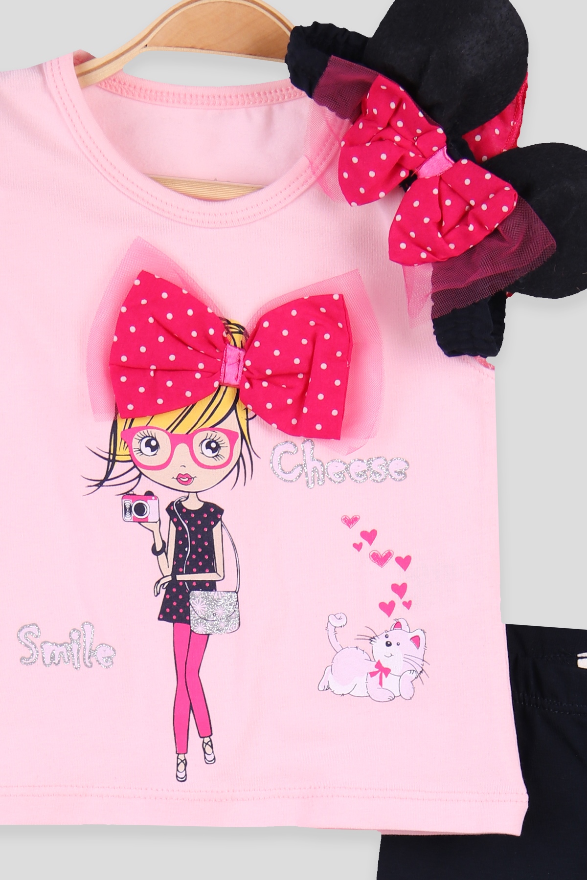 Breeze Kız Bebek Kapri Taytlı Takım 3 lü Fiyonklu Kız Baskılı  Pembe (6 Ay-2 Yaş)