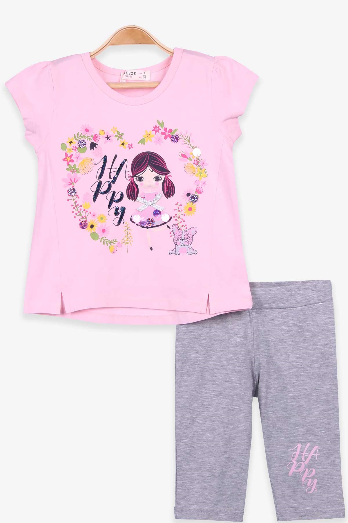 Breeze Kız Bebek Kapri Taytlı Takım Baskılı Pullu Pudra (2-6 Yaş)