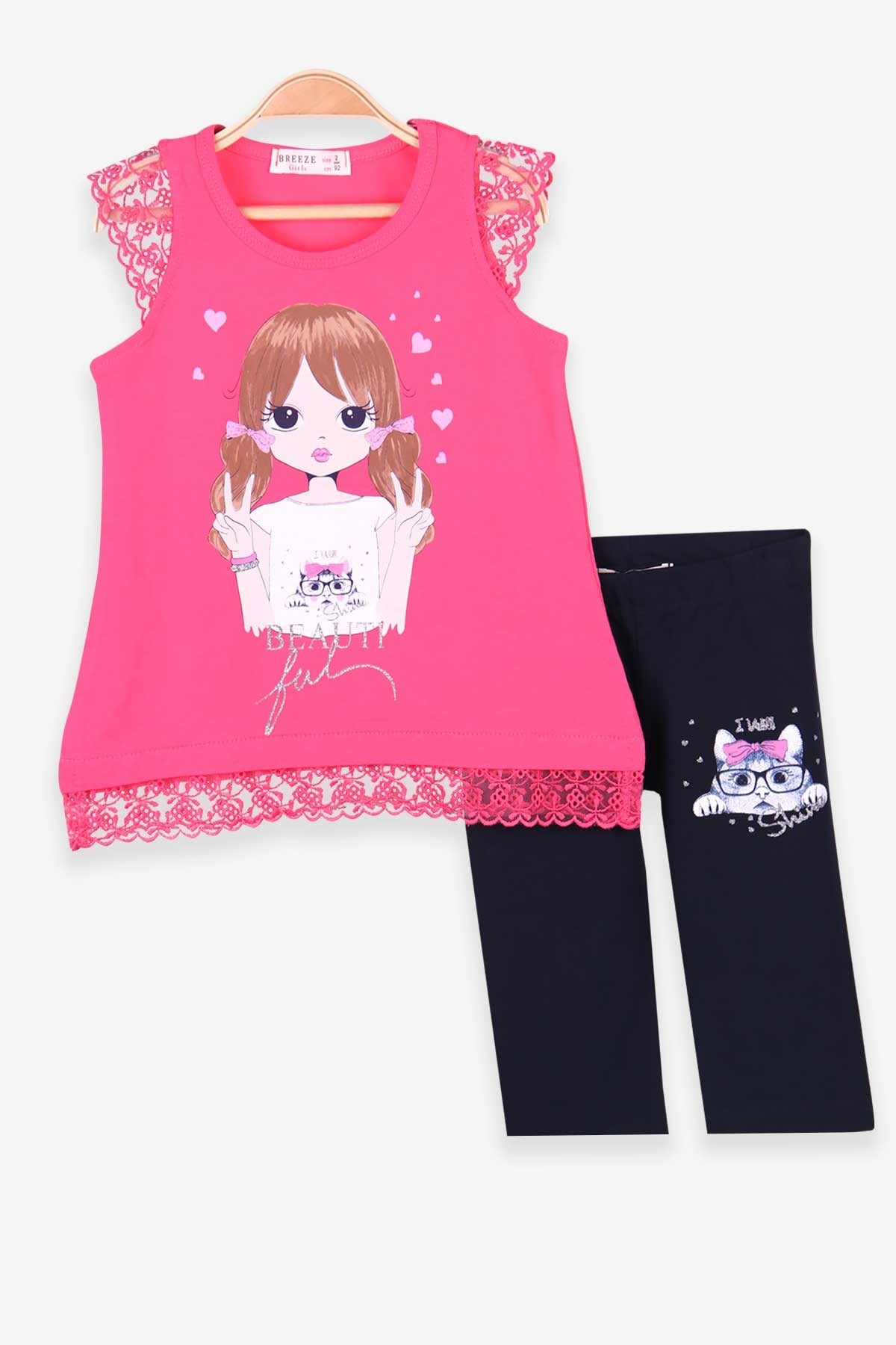 Breeze Kız Bebek Kapri Taytlı Takım Kız Baskılı Pembe (2 Yaş)
