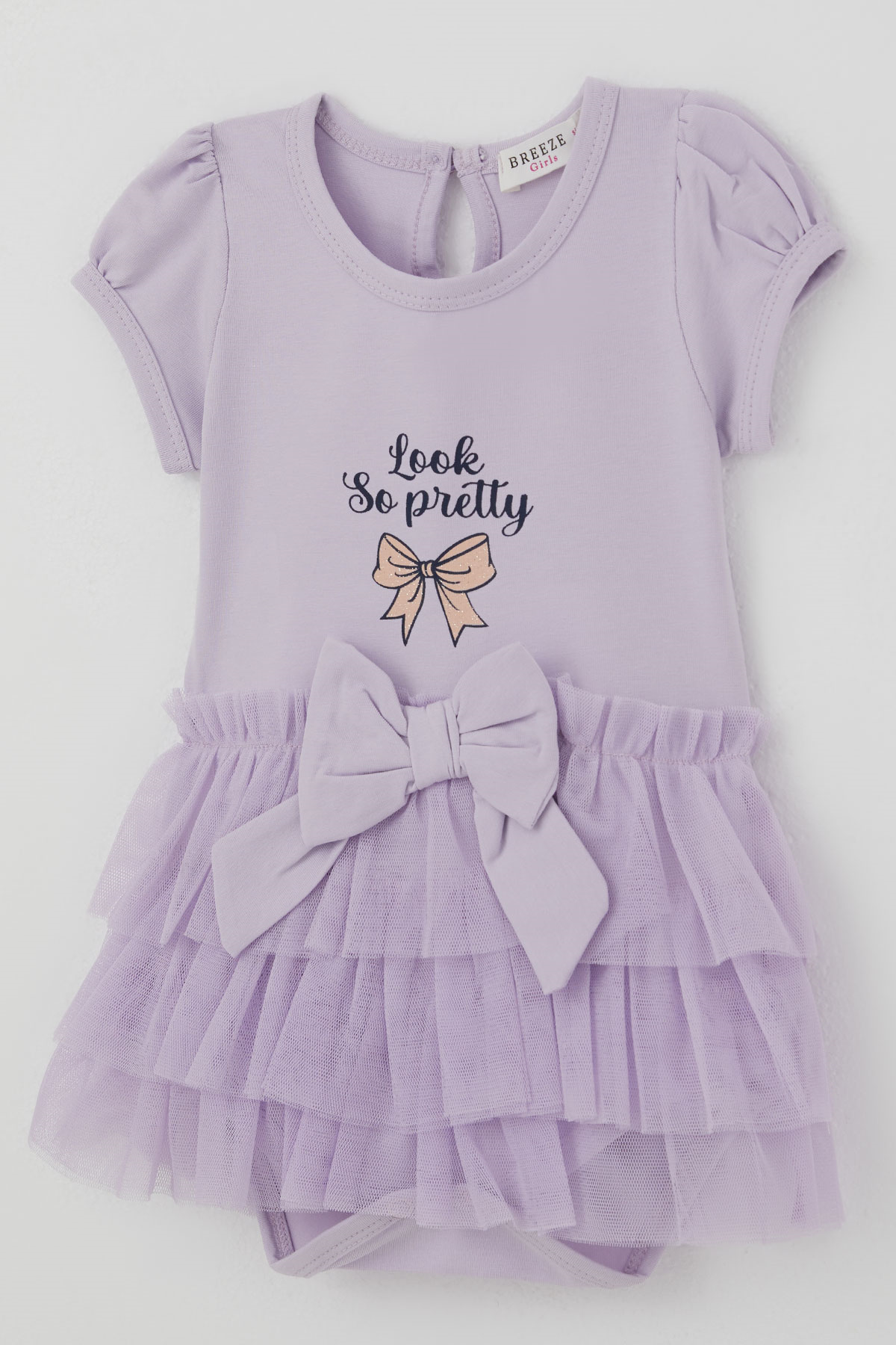 Breeze Kız Bebek Kısa Kollu Çıtçıtlı Zıbın Elbise Tütü Etekli Fiyonk Detaylı Lila (6 Ay - 2 Yaş)