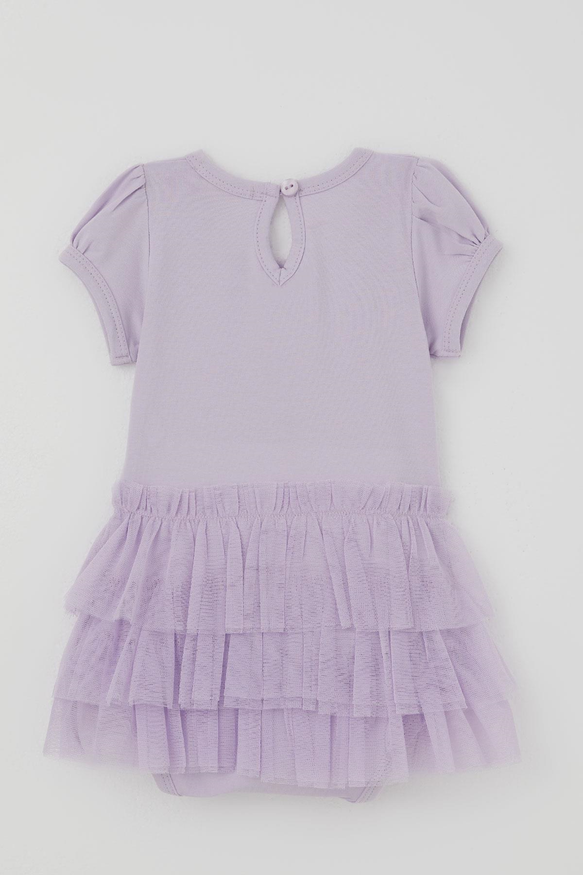 Breeze Kız Bebek Kısa Kollu Çıtçıtlı Zıbın Elbise Tütü Etekli Fiyonk Detaylı Lila (6 Ay-2 Yaş)