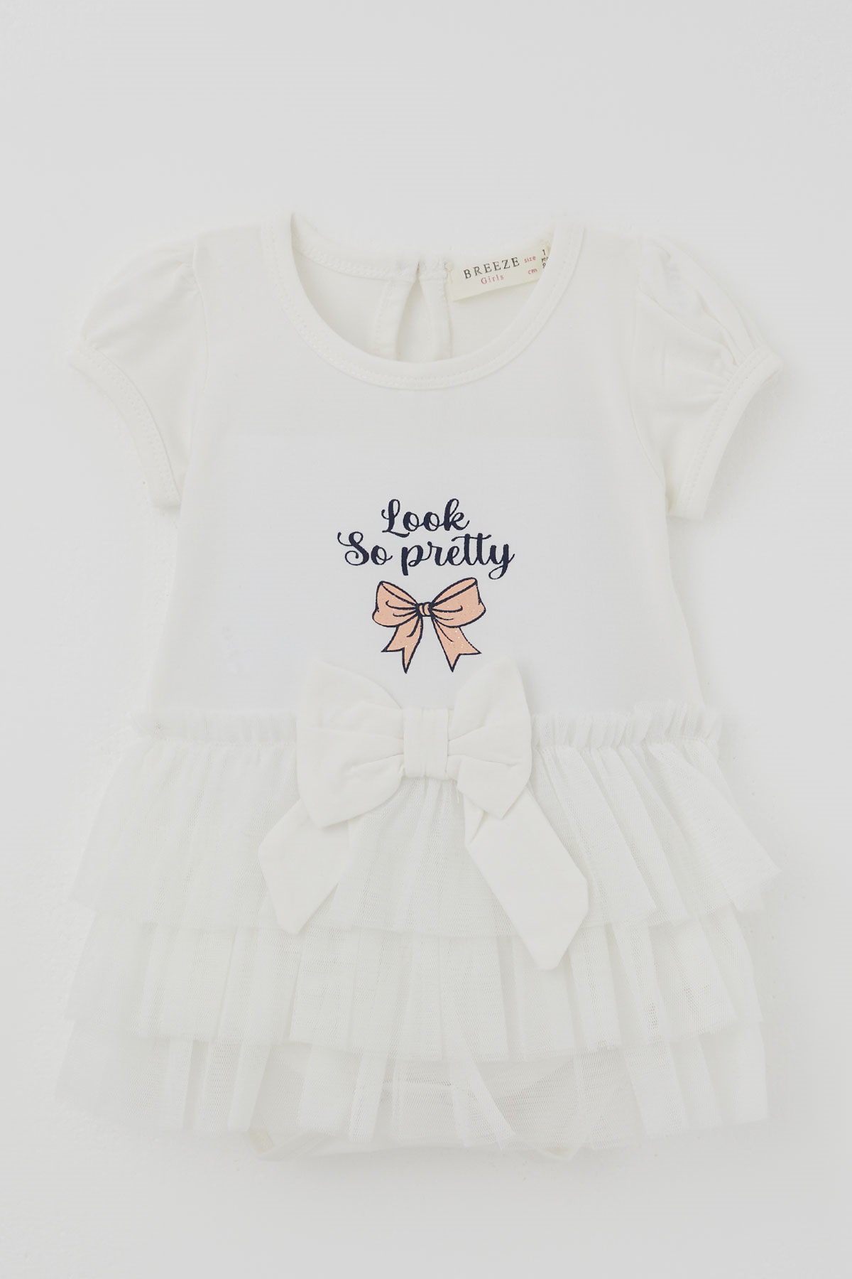 Breeze Kız Bebek Kısa Kollu Çıtçıtlı Zıbın Elbise Tütü Etekli Fiyonk Detaylı Ekru (6 Ay - 2 Yaş)