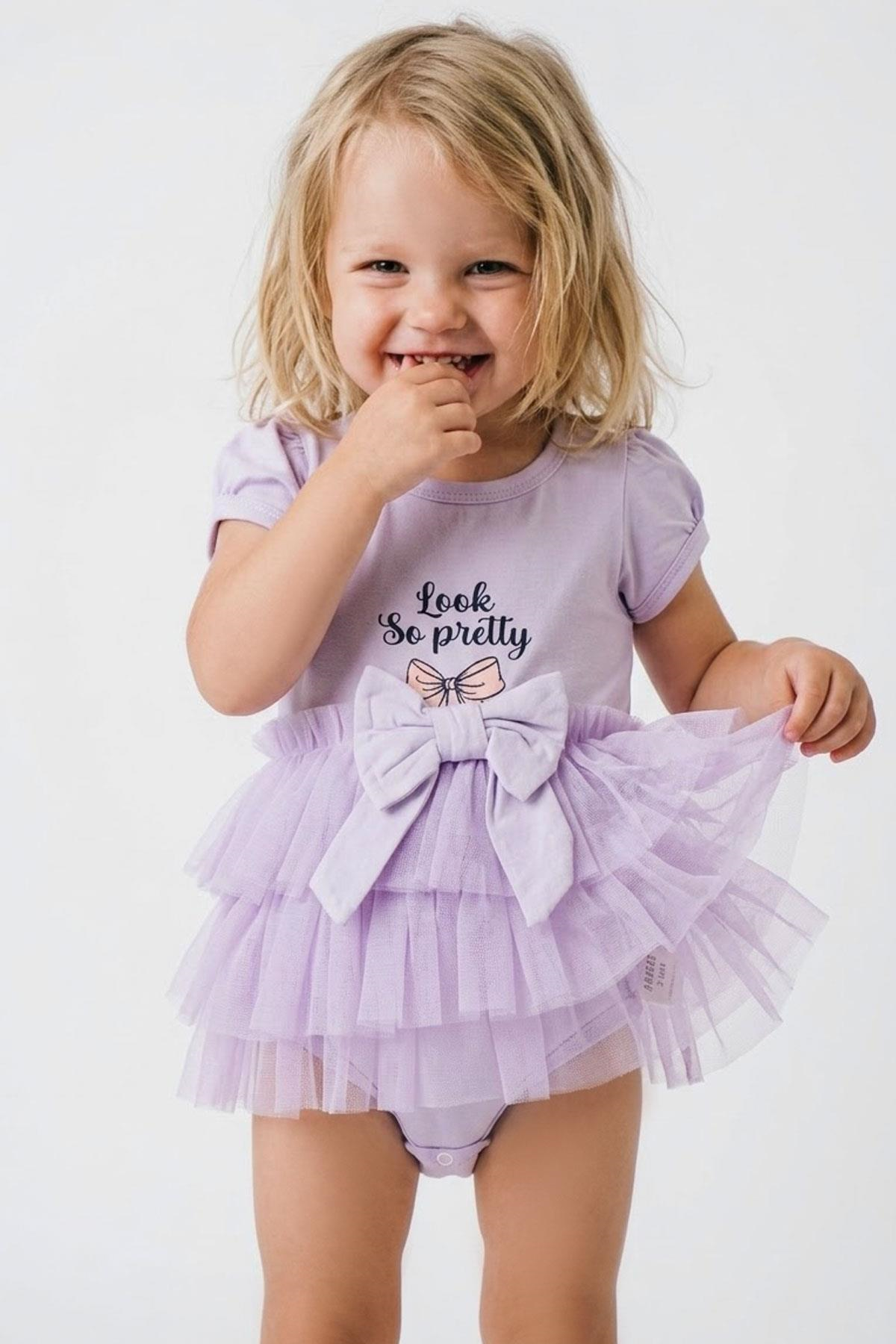 Breeze Kız Bebek Kısa Kollu Çıtçıtlı Zıbın Elbise Tütü Etekli Fiyonk Detaylı Lila (6 Ay-2 Yaş)