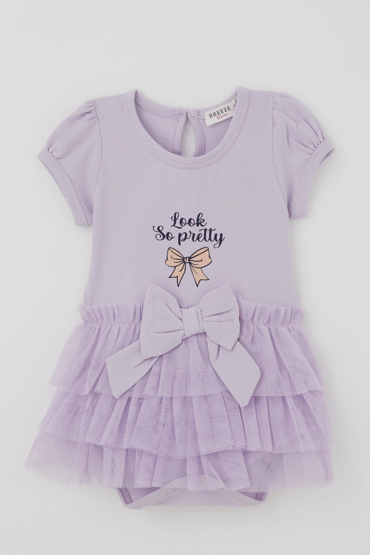 Breeze Kız Bebek Kısa Kollu Çıtçıtlı Zıbın Elbise Tütü Etekli Fiyonk Detaylı Lila (6 Ay-2 Yaş)