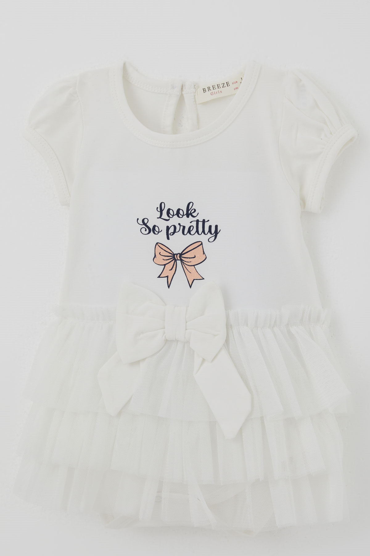 Breeze Kız Bebek Kısa Kollu Çıtçıtlı Zıbın Elbise Tütü Etekli Fiyonk Detaylı Ekru (6 Ay - 2 Yaş)