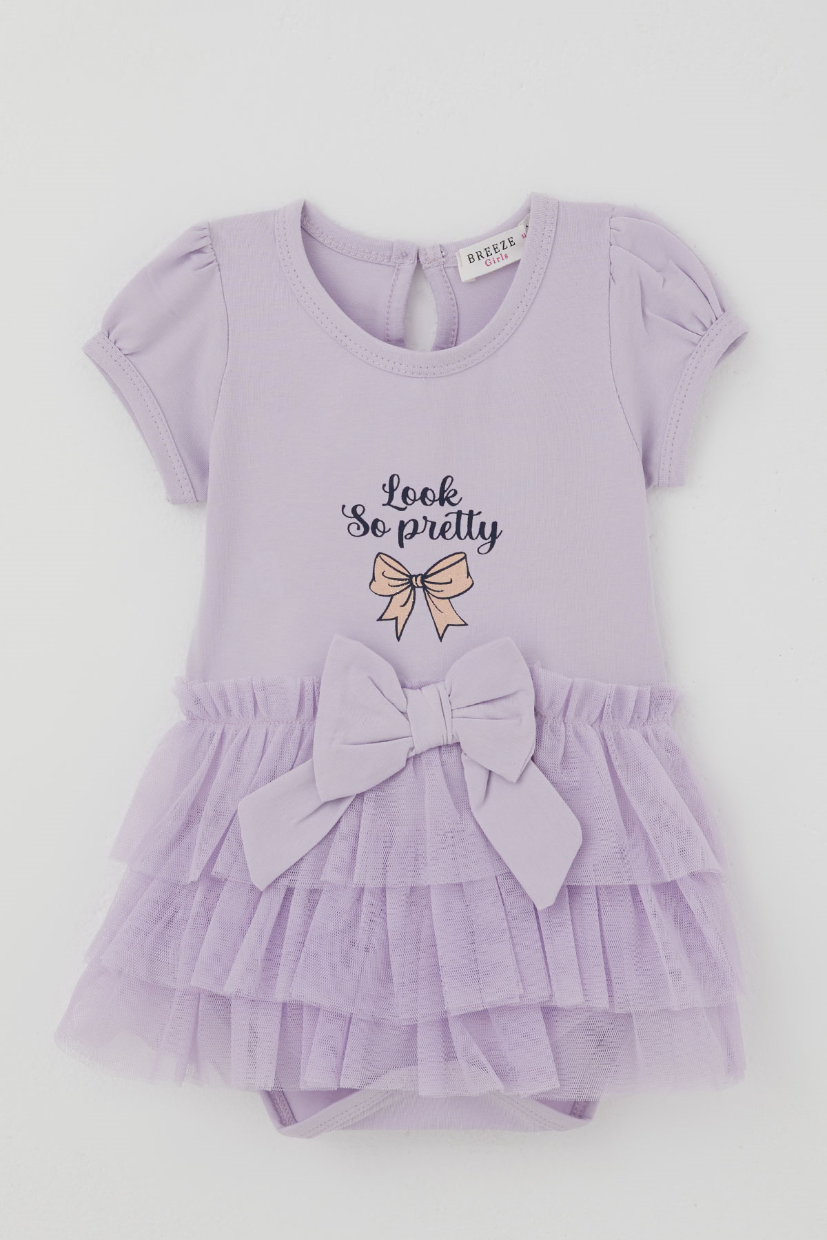 Breeze Kız Bebek Kısa Kollu Çıtçıtlı Zıbın Elbise Tütü Etekli Fiyonk Detaylı Lila (6 Ay - 2 Yaş)