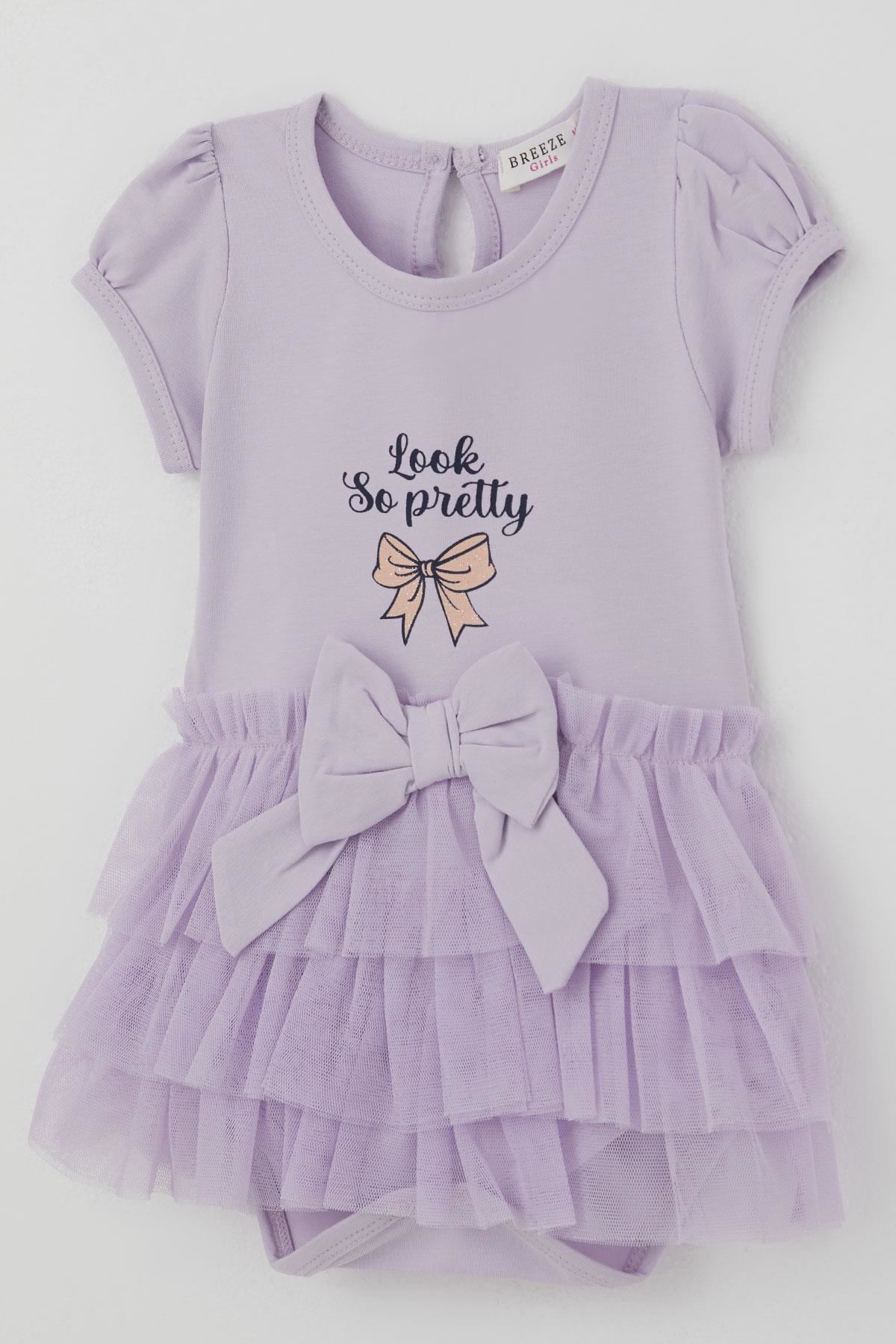 Breeze Kız Bebek Kısa Kollu Çıtçıtlı Zıbın Elbise Tütü Etekli Fiyonk Detaylı Lila (6 Ay-2 Yaş)