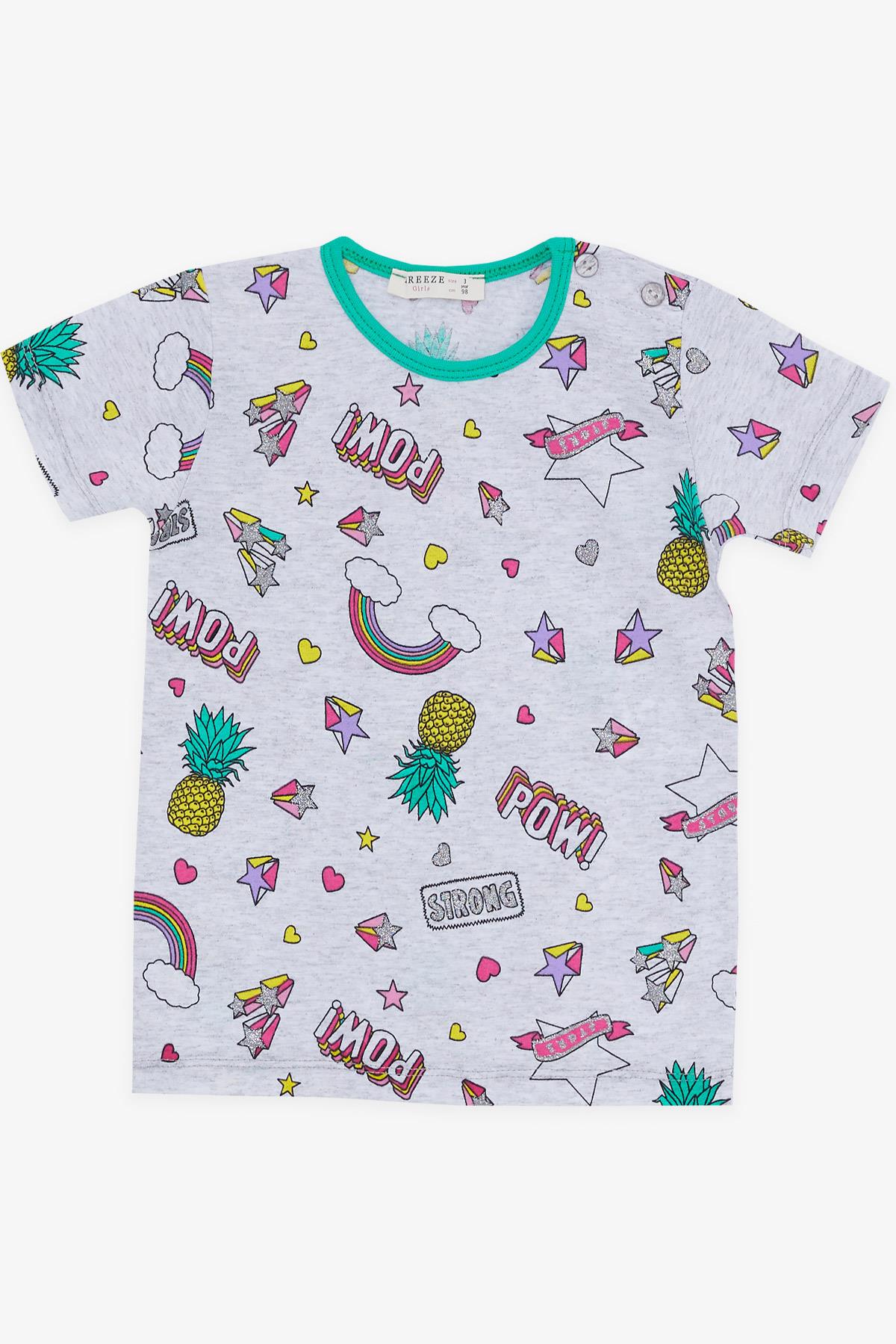 Breeze Kız Bebek Kısa Kollu Pijama Takımı Gökyüzü Temalı Ananas Desenli Açık Gri Melanj (9 Ay-3 Yaş)