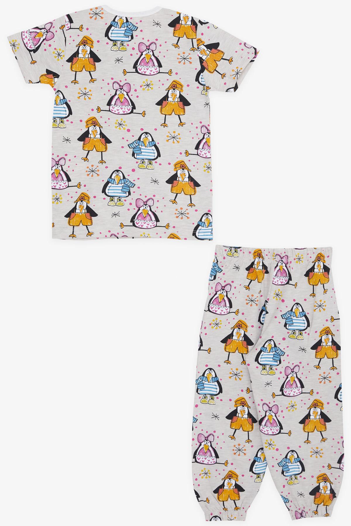 Breeze Kız Bebek Kısa Kollu Pijama Takımı Çılgın Penguen Desenli Bej Melanj (9 Ay-3 Yaş)