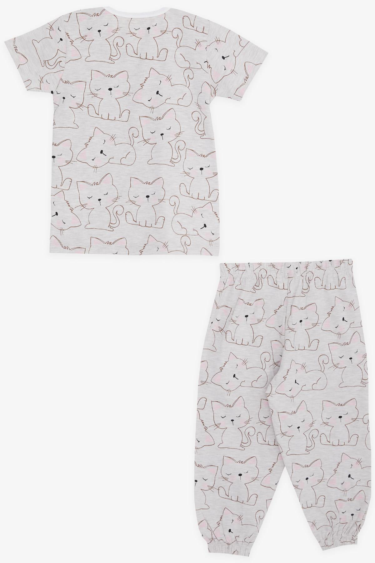 Breeze Kız Bebek Kısa Kollu Pijama Takımı Uykucu Kedicik Desenli Bej Melanj (9 Ay-3 Yaş)